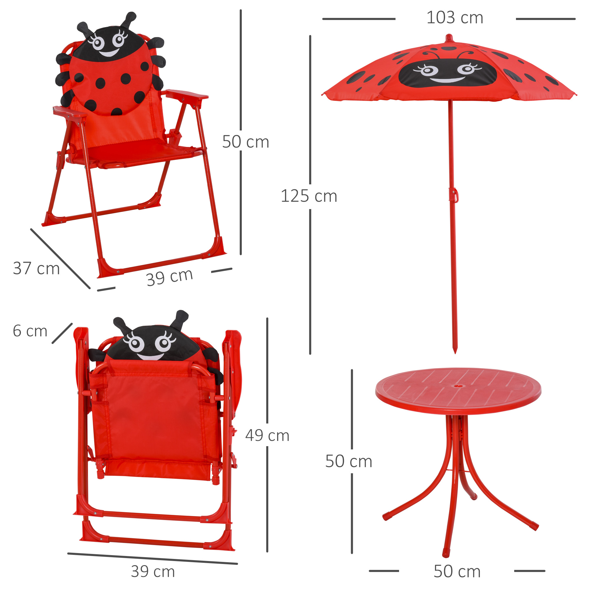 Un set da patio rosso per bambini: una sedia, un tavolo e un ombrellone. Ogni articolo ha un design a coccinella.