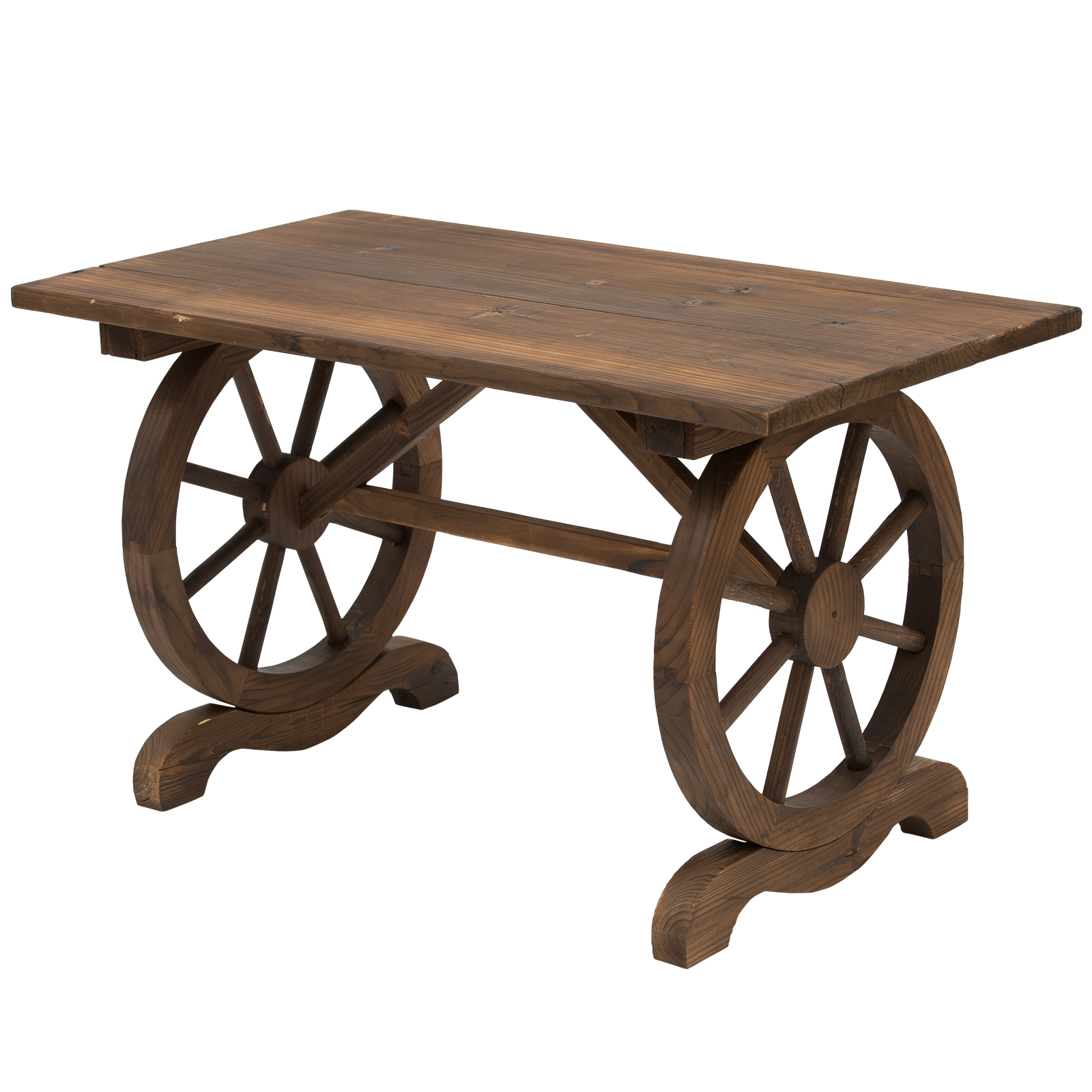 Tavolo carrello in legno con due ruote in legno su ogni lato. Il tavolo è marrone scuro.