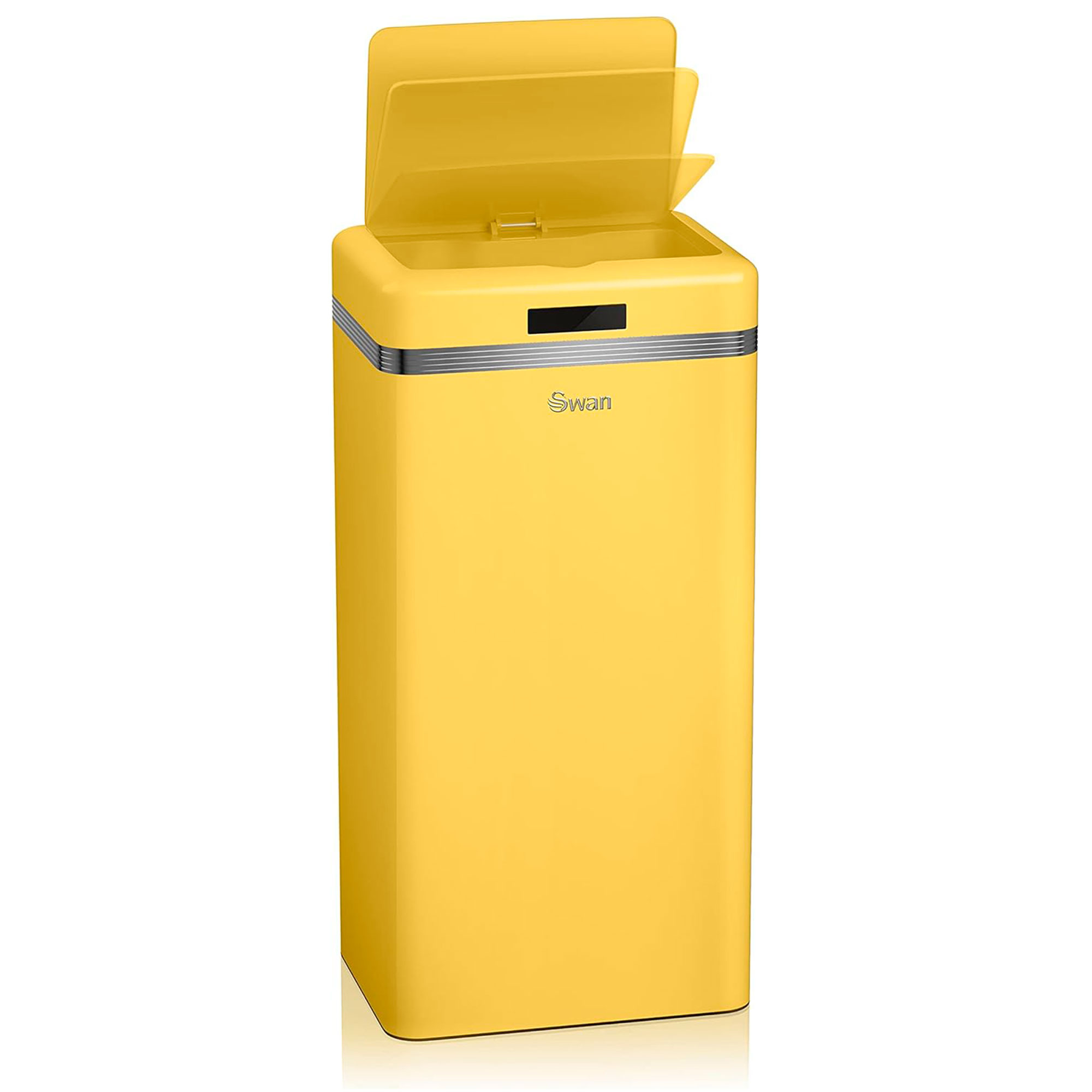 Un cubo de basura amarillo. Tiene tapa y una franja plateada. La tapa está abierta. Fondo blanco.