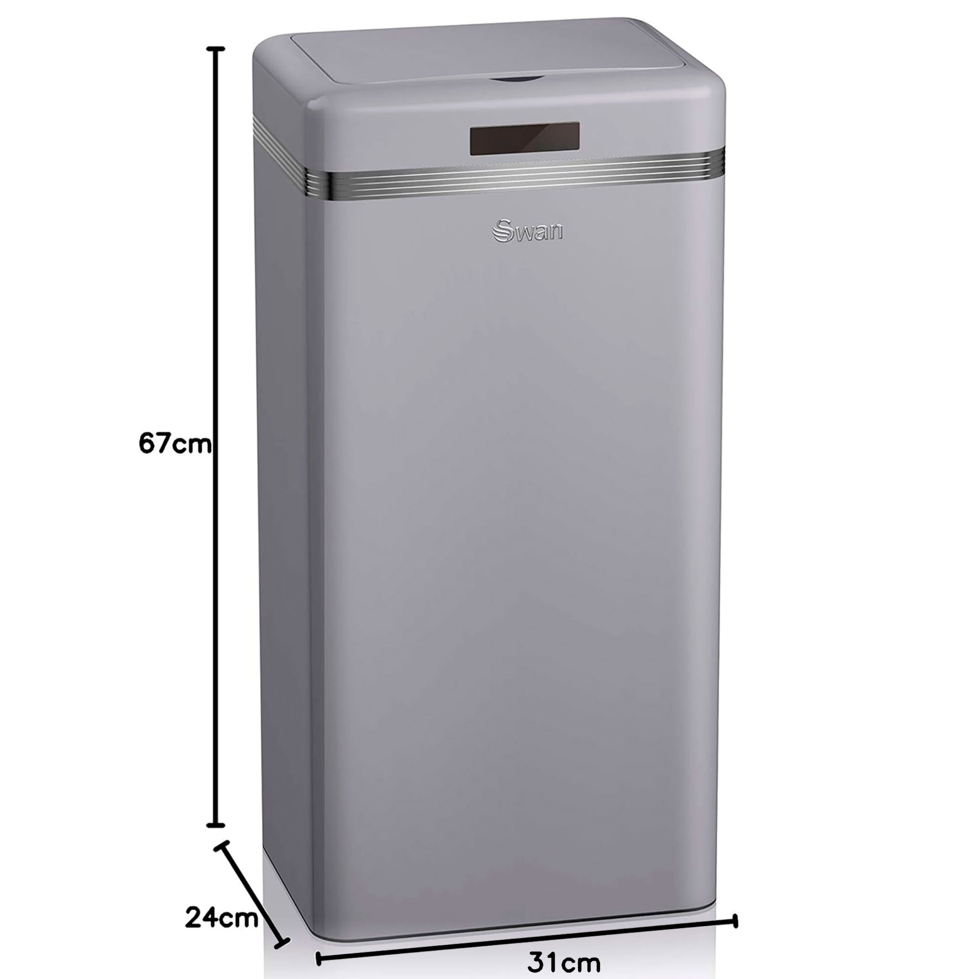 Contenedor de basura rectangular gris con medidas. Tiene tapa superior y detalles metálicos.