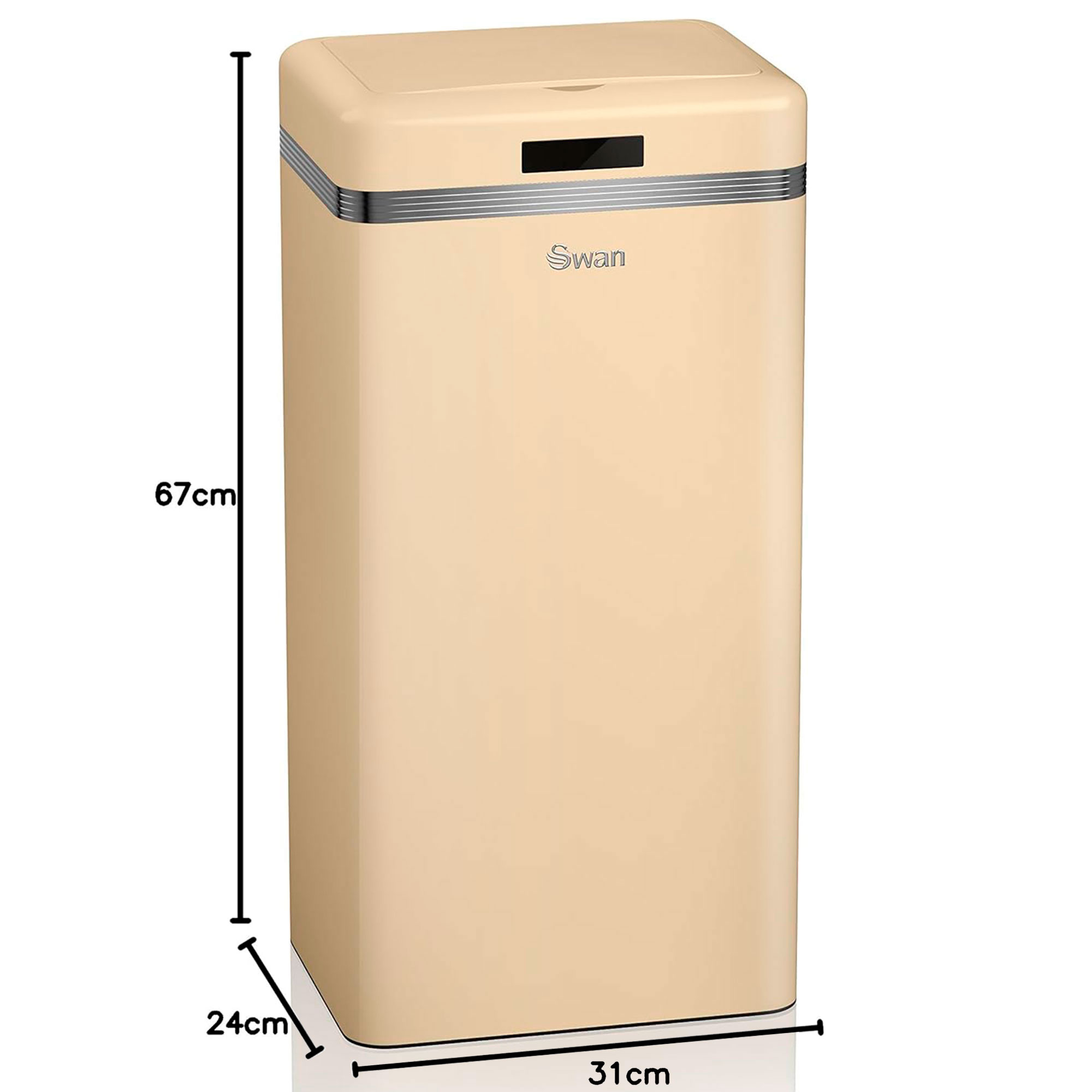 Un basurero rectangular beige. Dimensiones: 67 cm alto, 24 cm ancho, 31 cm profundo.