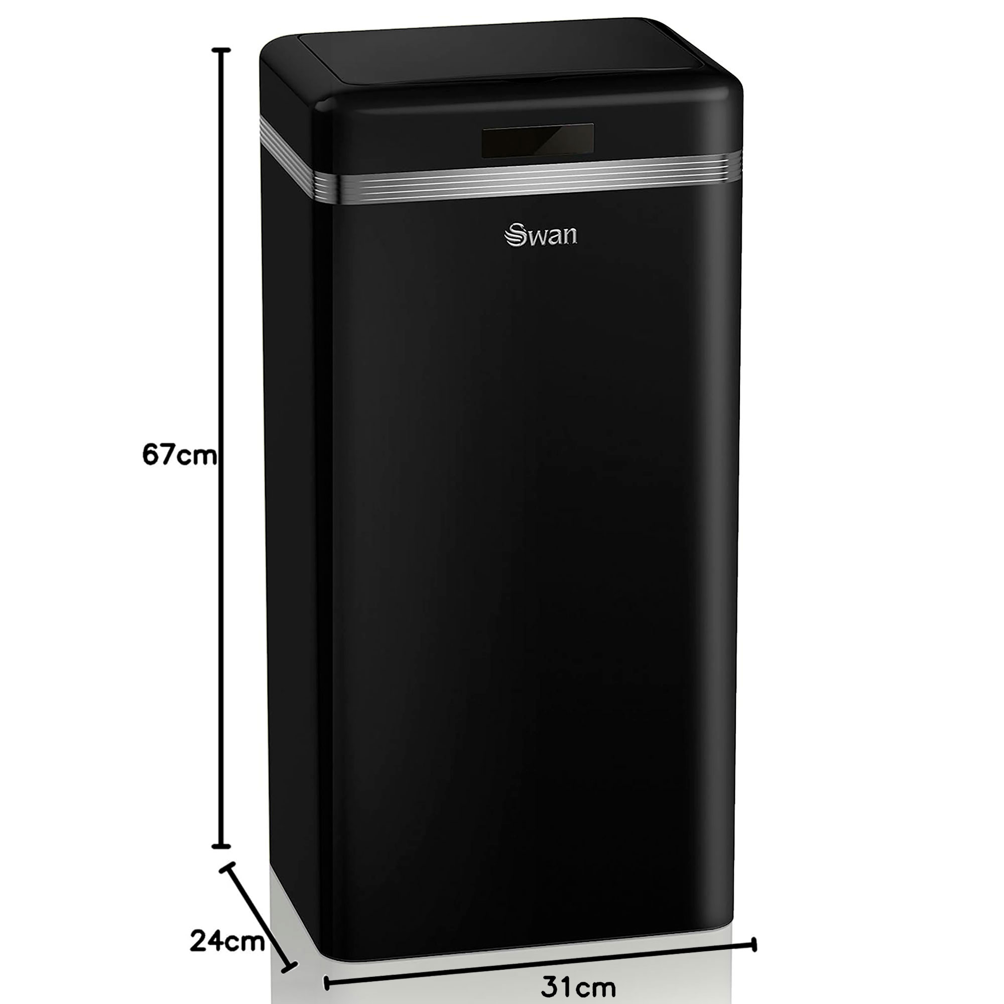 Refrigerador negro estilo retro con detalles cromados. Dimensiones: 67x24x31cm. Logo 'Swan' en la puerta.