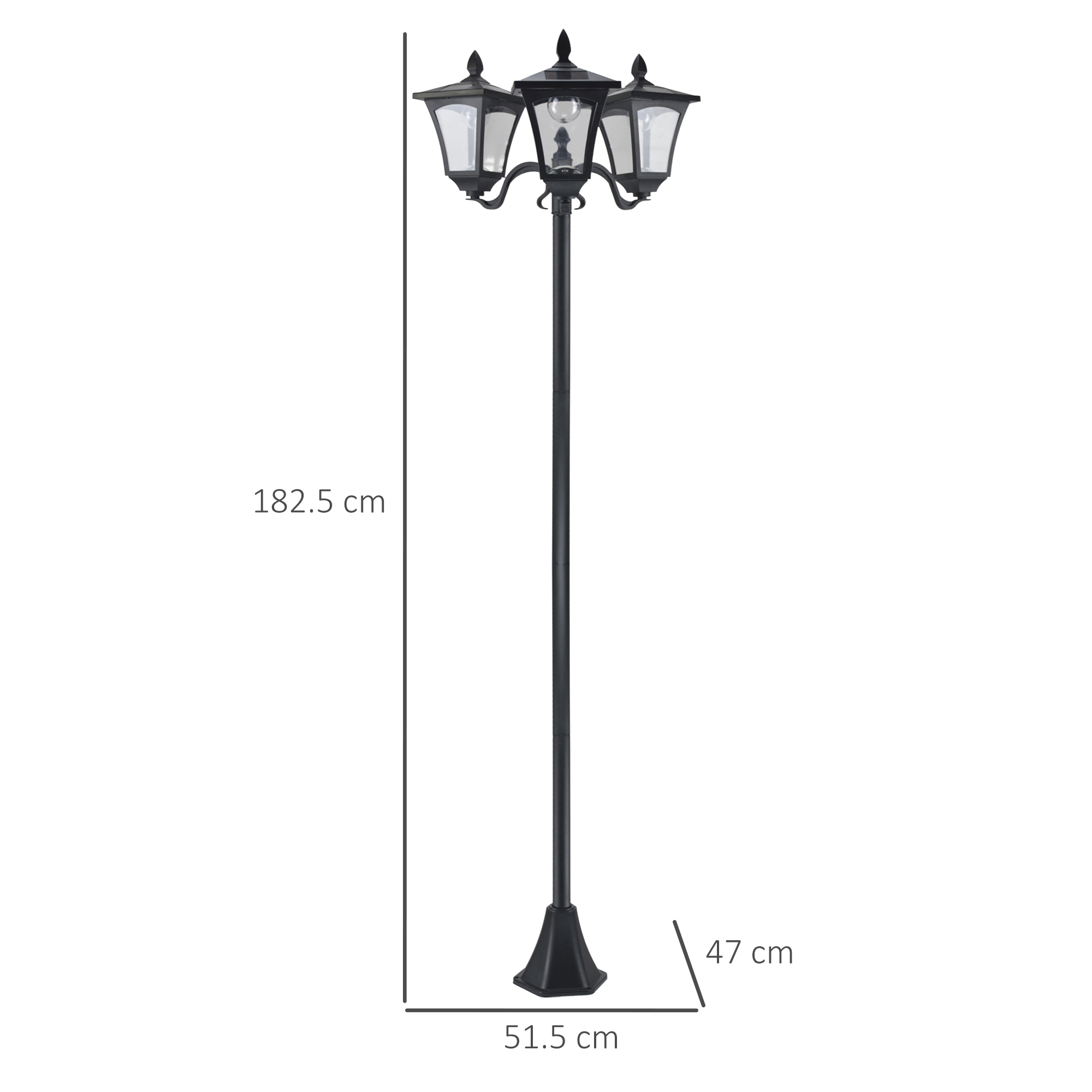 Eine hohe, schwarze Straßenlaterne mit drei Lampen und Messungen von Höhe und Sockelbreite.