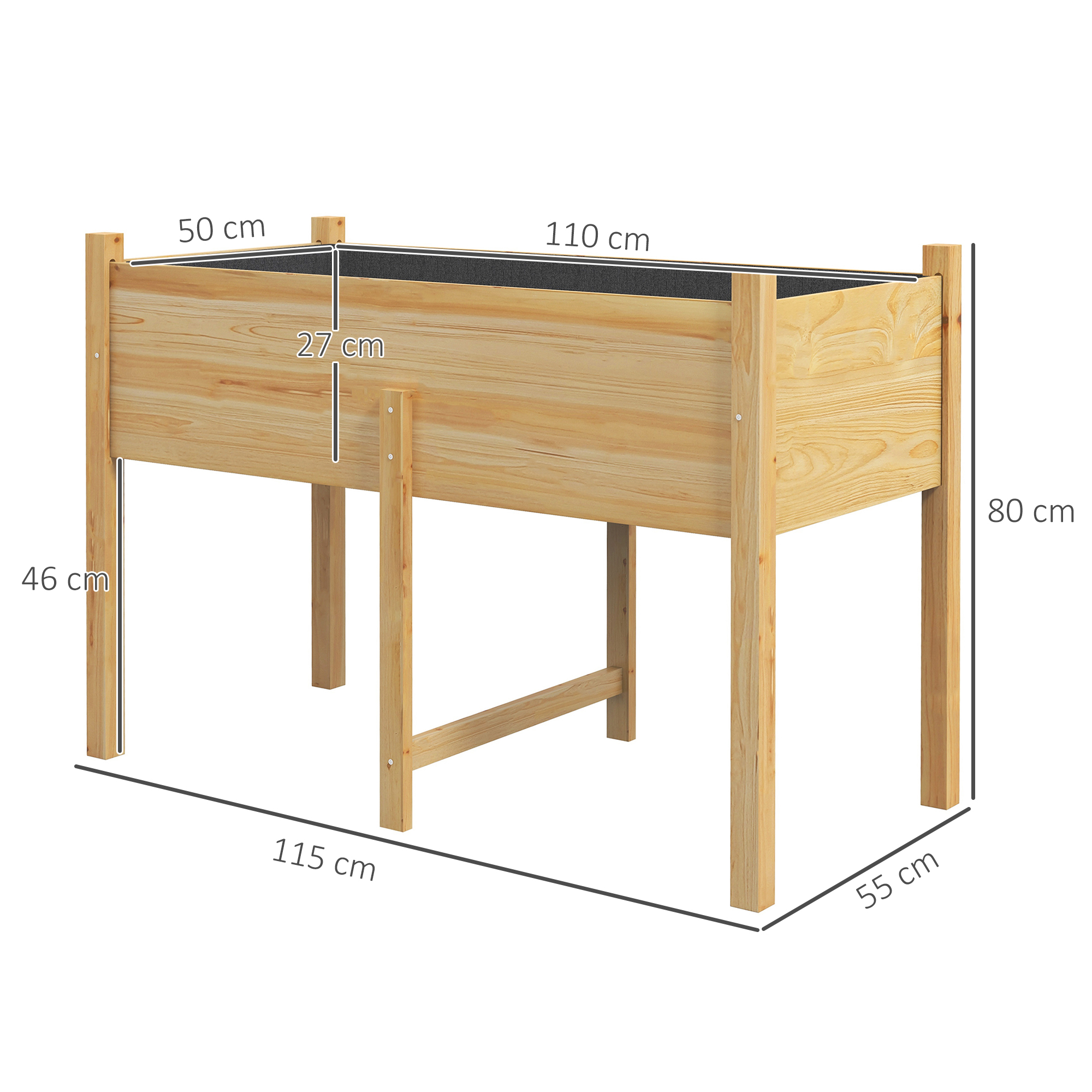 Aiuola rialzata in legno con dimensioni: 115x80x55 cm. Ha gambe per l'elevazione.