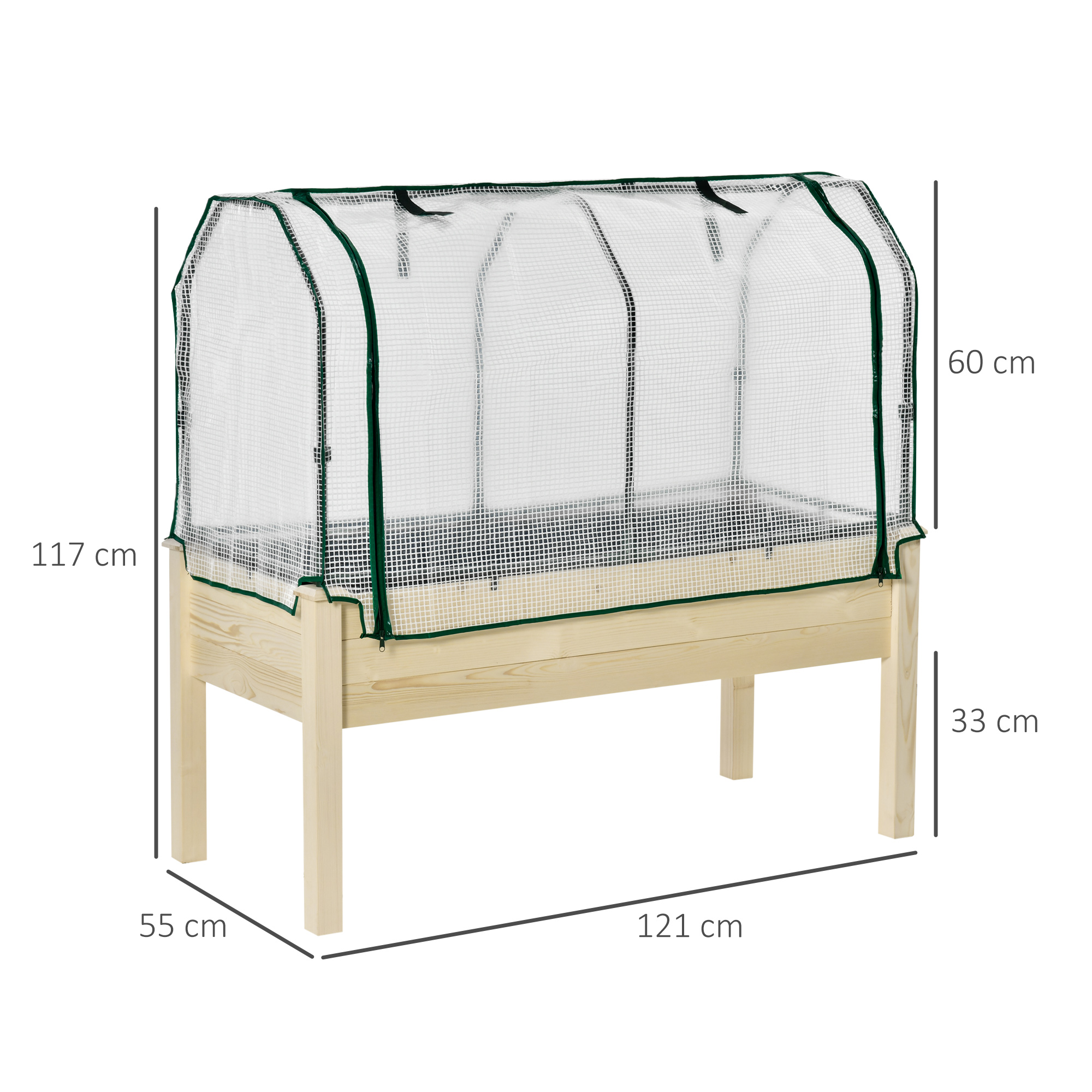 Aiuola rialzata in legno con copertura in plastica trasparente, dimensioni: 121cm lungo, 117cm alto, 55cm largo, 60cm copertura.
