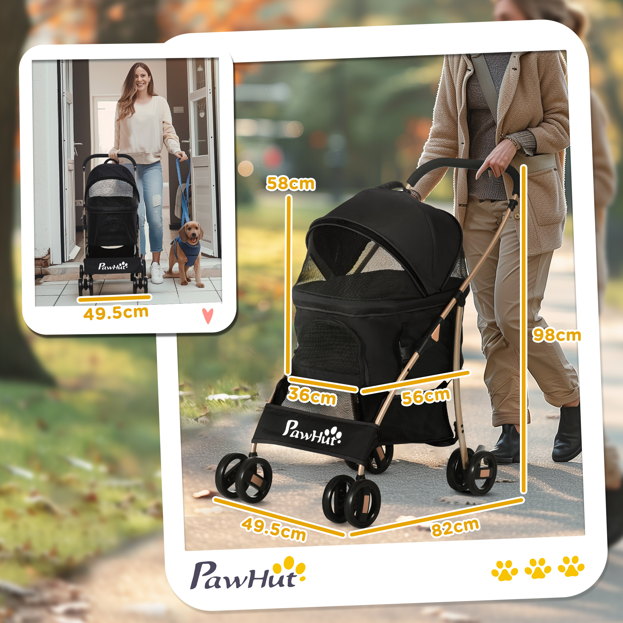 Un passeggino per animali domestici con dimensioni etichettate. Due immagini mostrano l'uso con un cane e una donna.