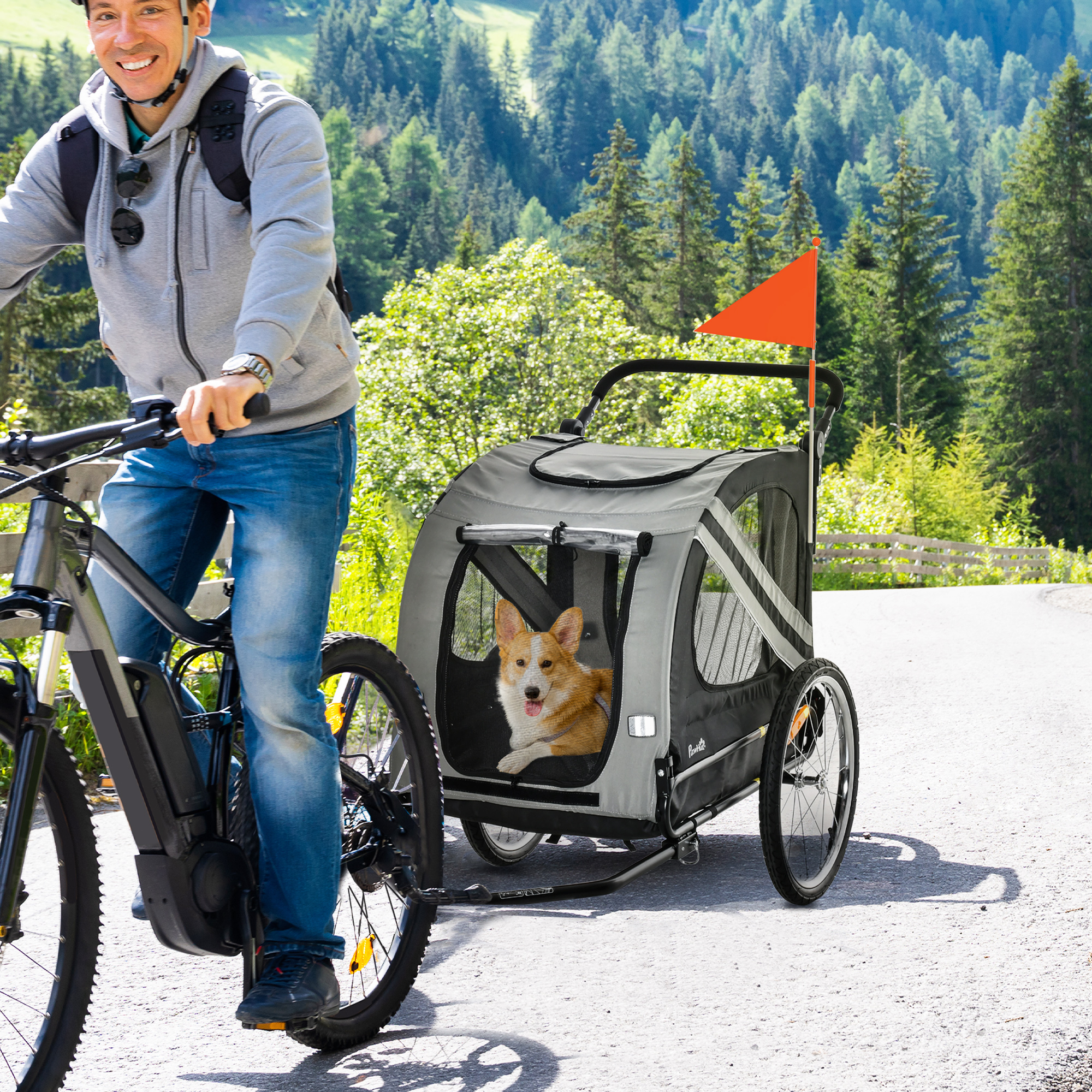 Uomo in bicicletta con un rimorchio per cani. Un cane è nel rimorchio grigio.