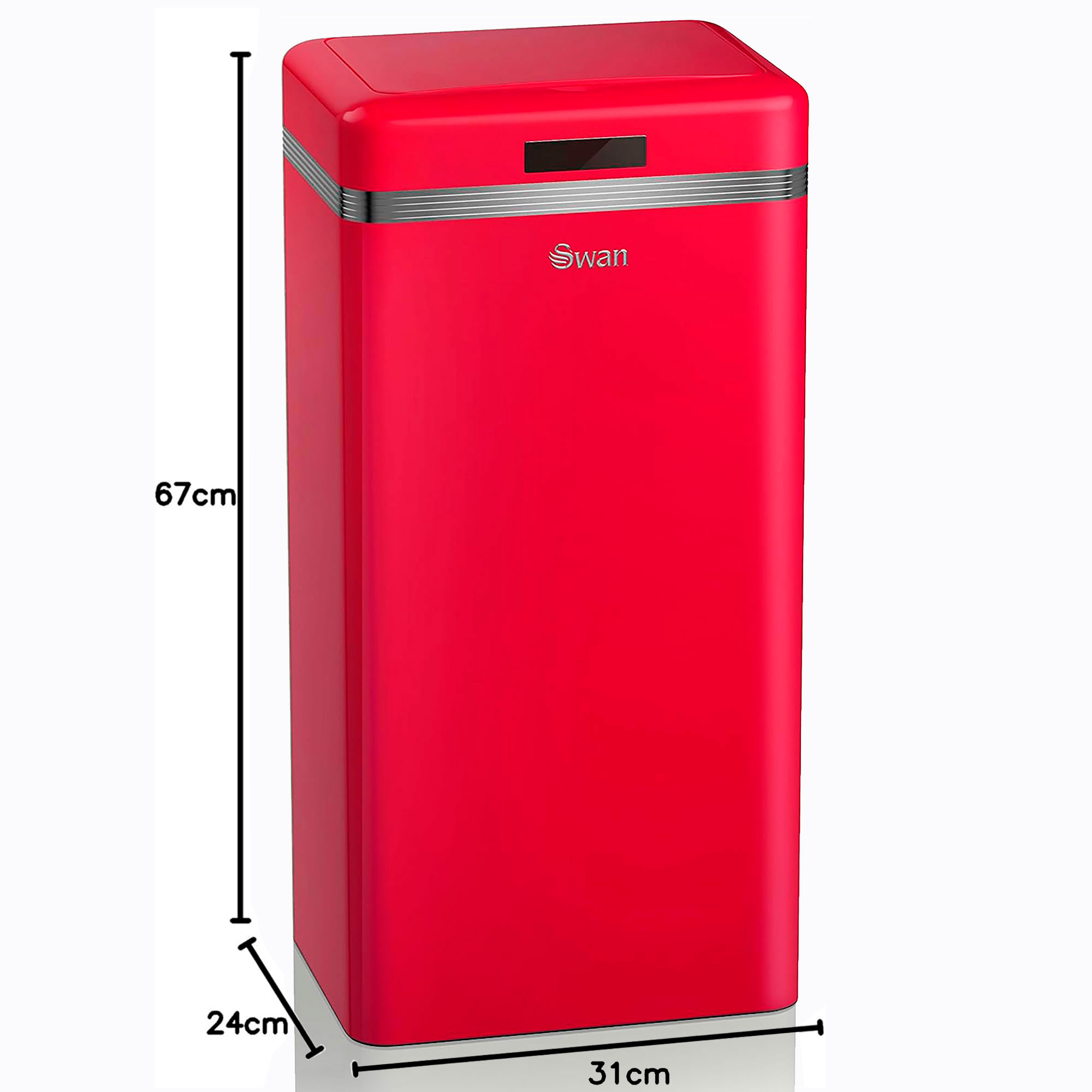 Refrigerador rojo de estilo retro con detalles plateados y dimensiones.