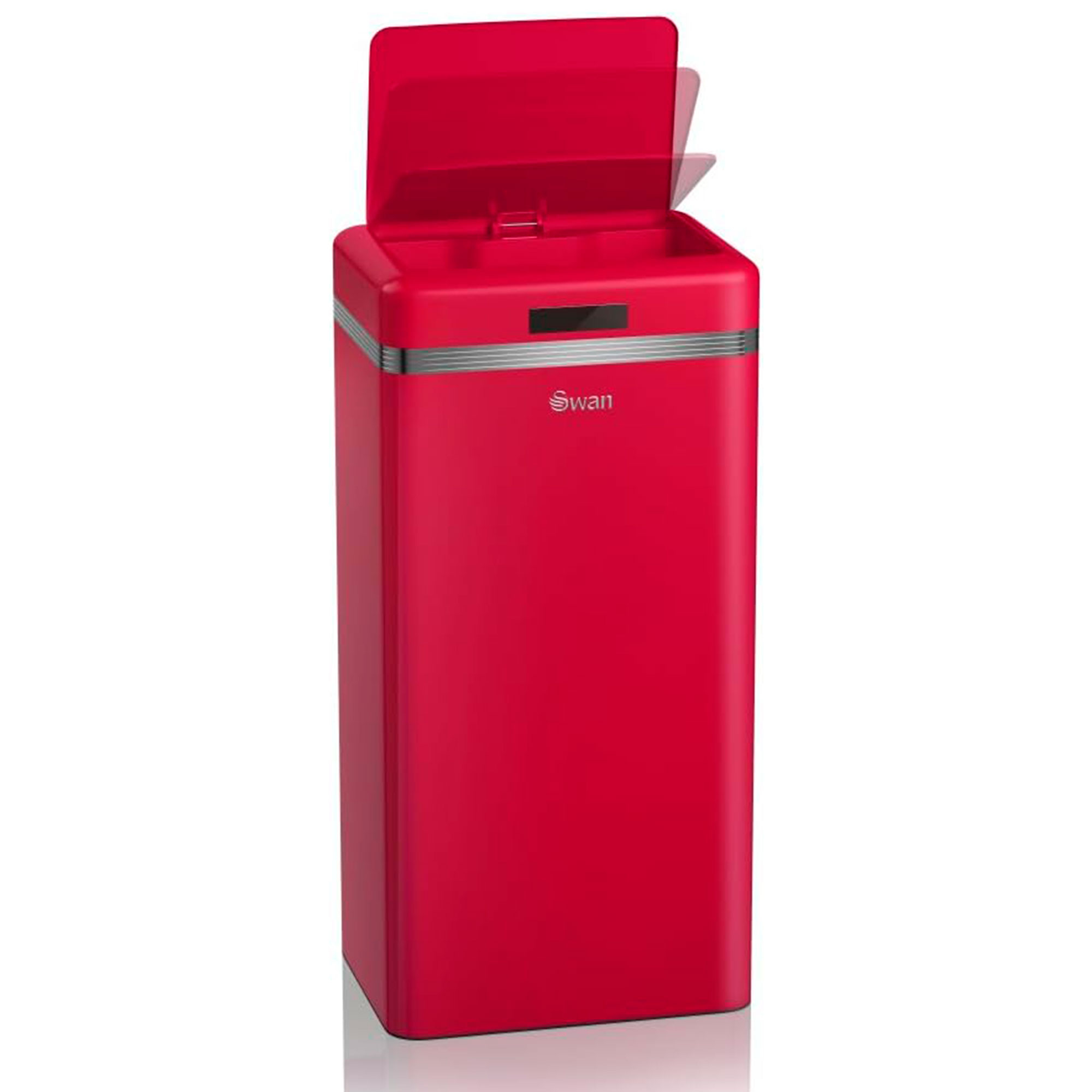 Contenedor de basura rojo y rectangular con tapa abierta. La marca 'Swan' es visible al frente.