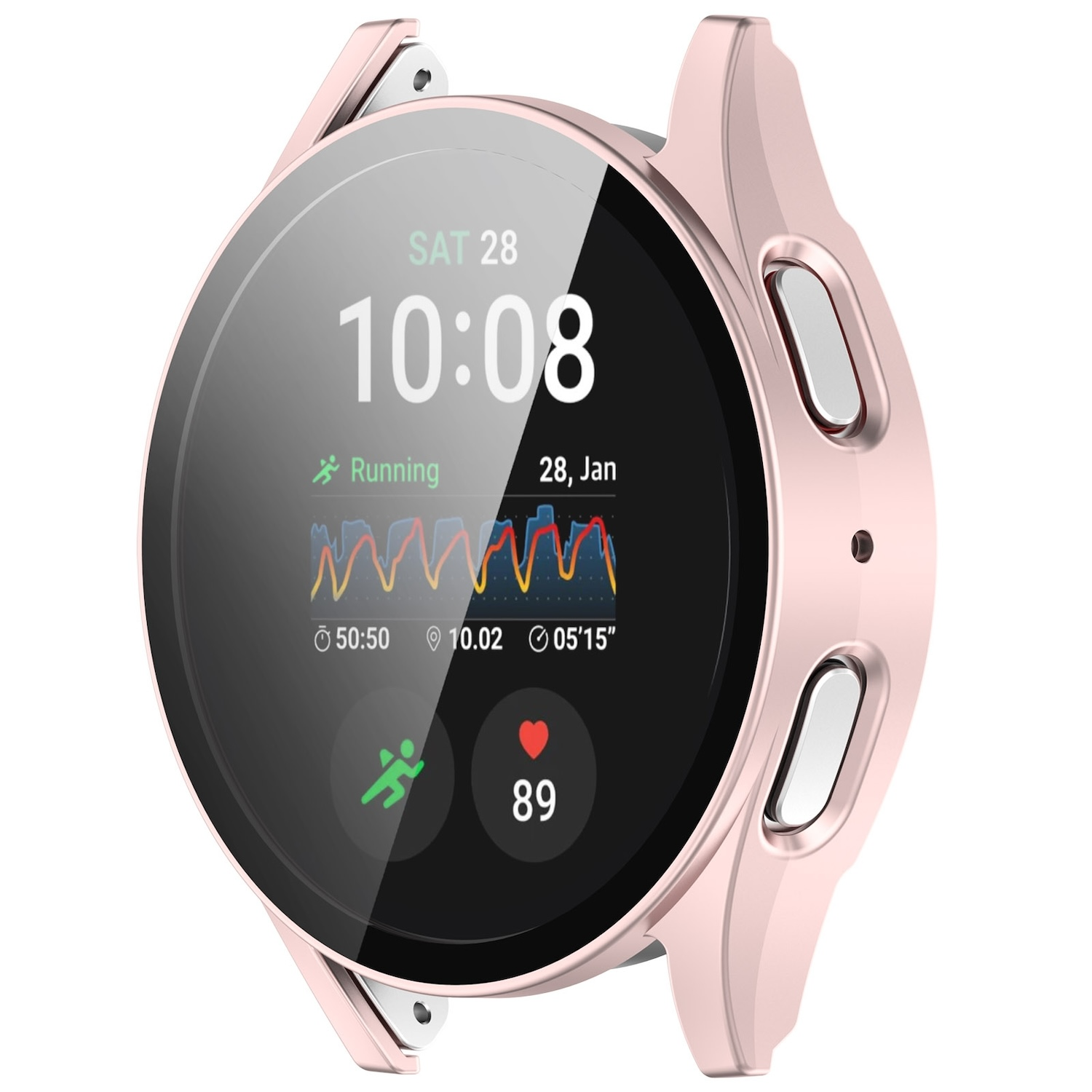 Smartwatch rosa con display che mostra ora, data, dati di corsa e frequenza cardiaca, e una cassa rosa.