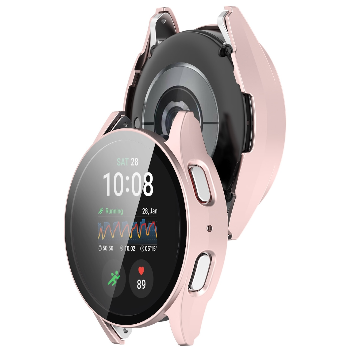 Uno smartwatch oro rosa, che mostra il suo quadrante e una custodia protettiva rosa.