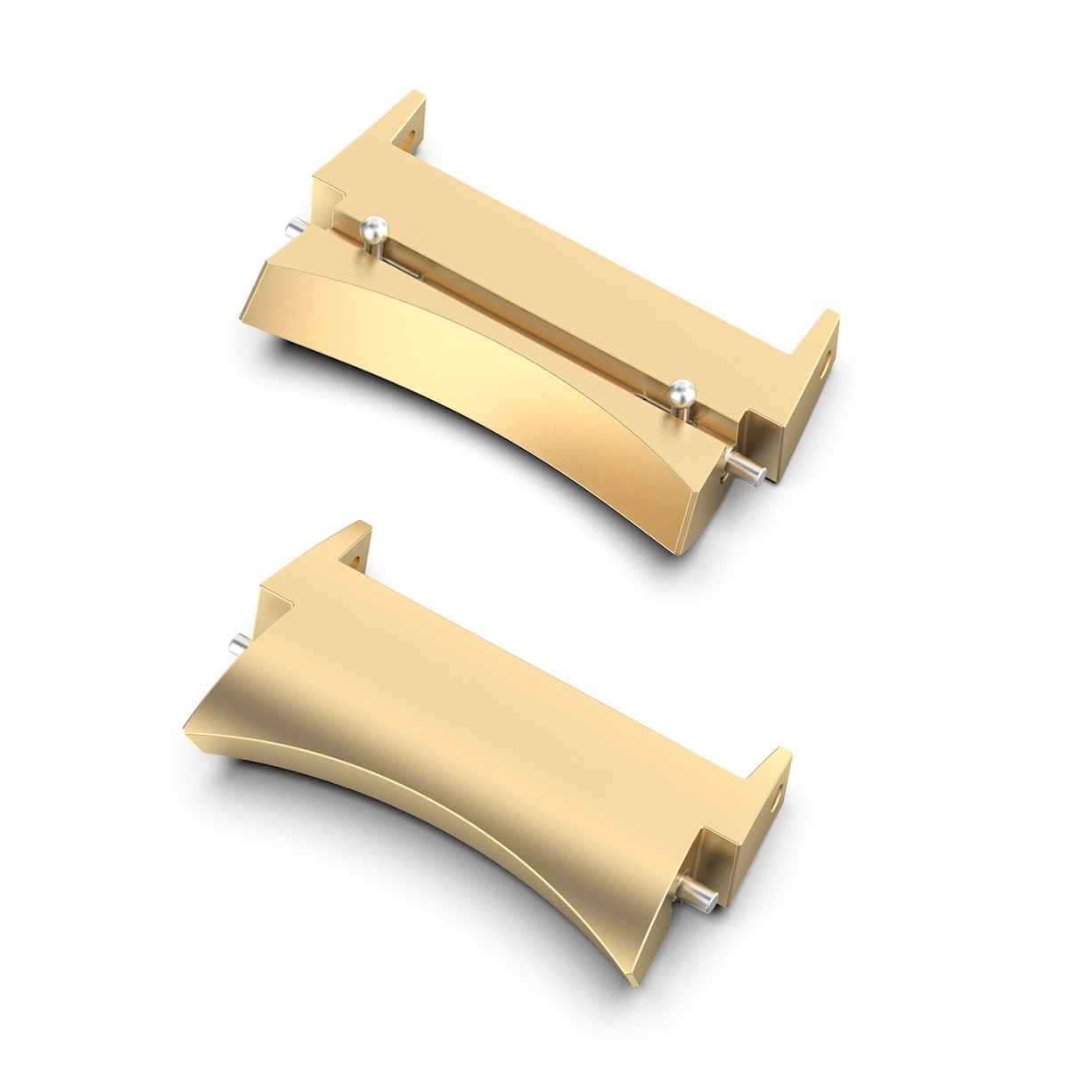 Zwei goldene Uhrenarmbandglieder, abgewinkelte Ansicht. Weißer Hintergrund.