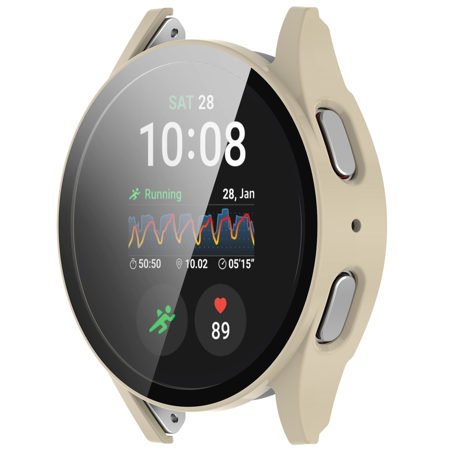Smartwatch mit beigem Gehäuse, zeigt Zeit, Datum und Gesundheitsmetriken. Zwei Knöpfe an der Seite.