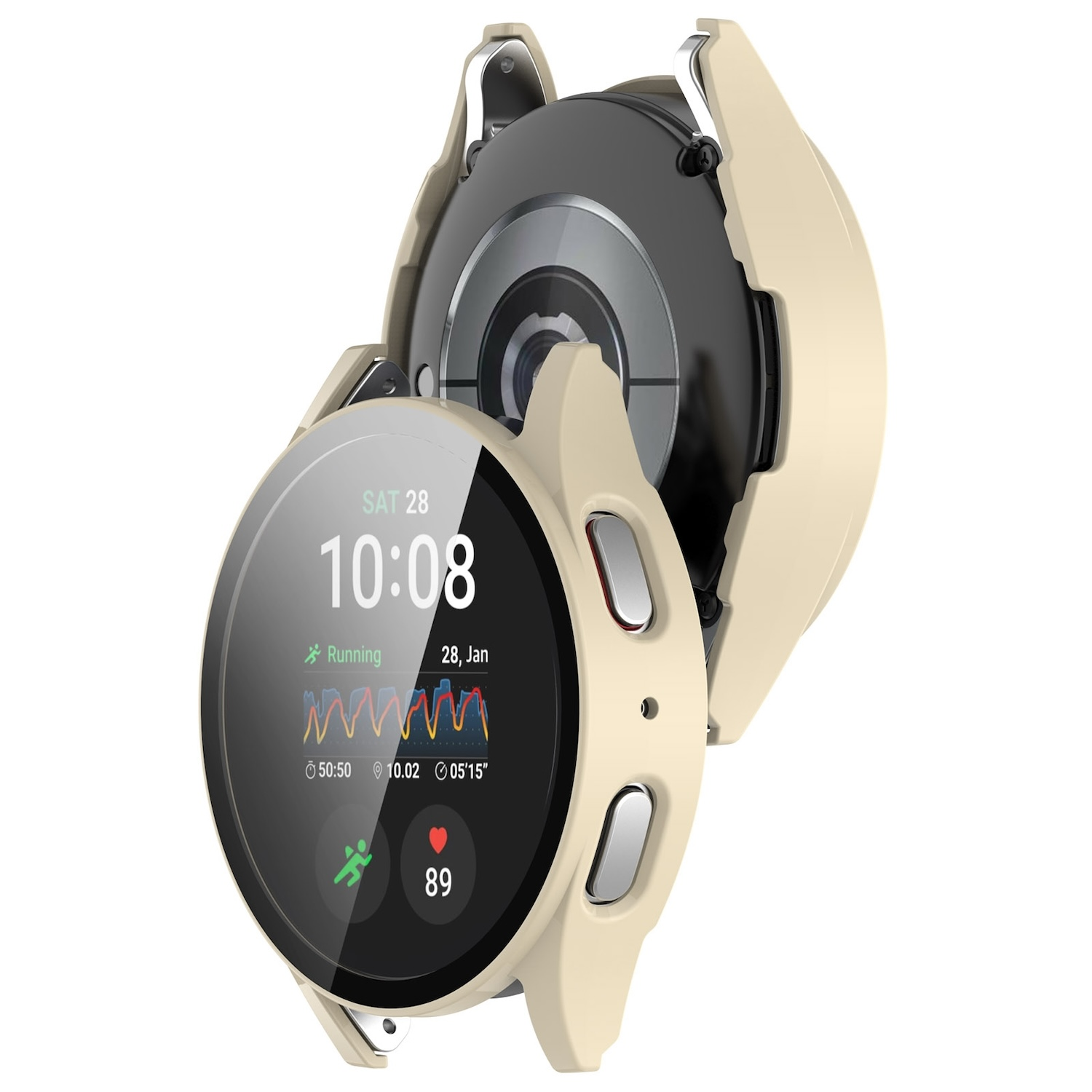 Eine Smartwatch mit beigem Gehäuse, Anzeige von Zeit und Gesundheitsdaten. Das Gehäuse ist teilweise geöffnet.