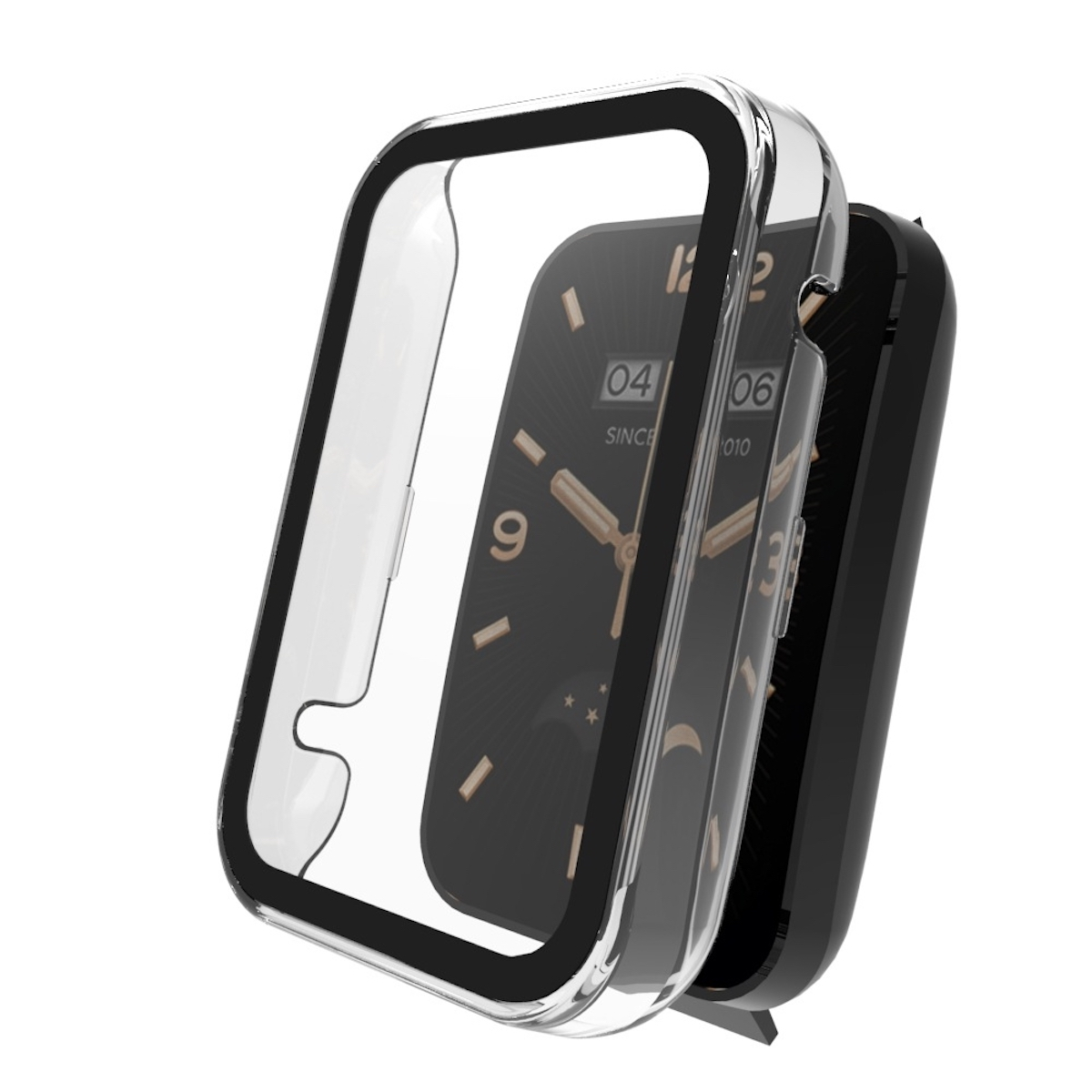 Schwarze Smartwatch mit Gehäuse und Displayschutz. Weißer Hintergrund.