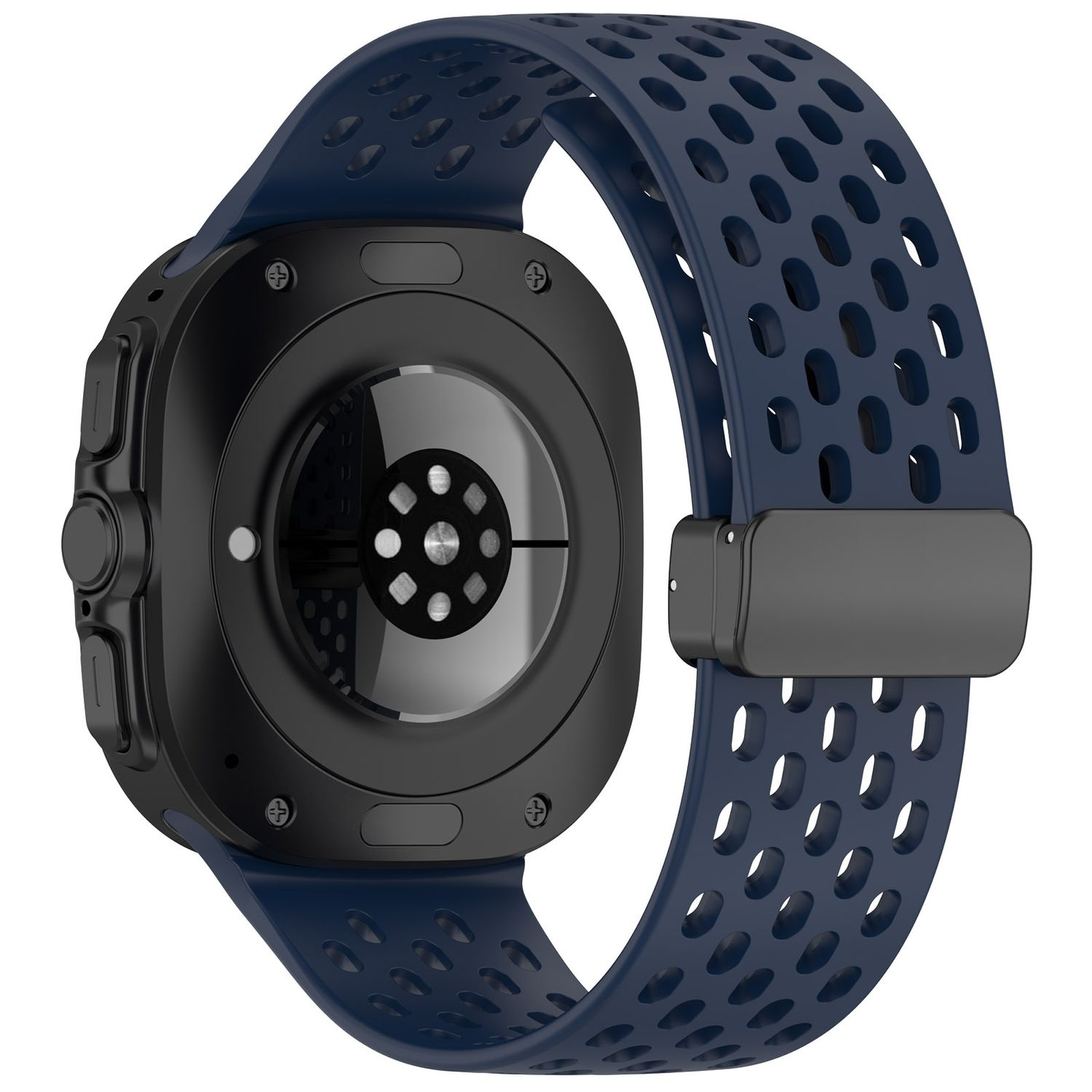 Schwarze Smartwatch und blaues Silikonarmband mit sichtbaren Löchern. Rückseite sichtbar.
