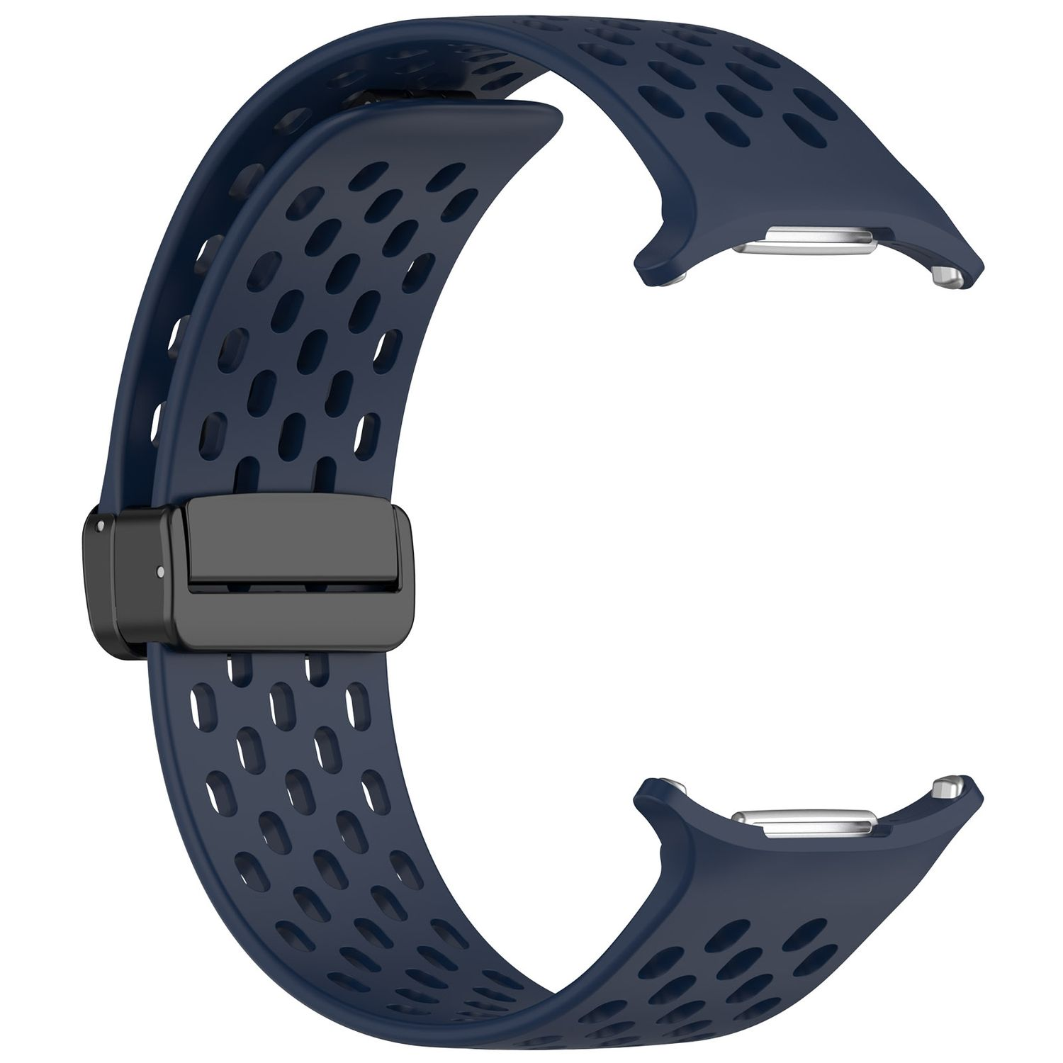 Dunkelblaues Uhrenarmband mit schwarzem Verschluss. Das Armband hat Löcher und ist gebogen.