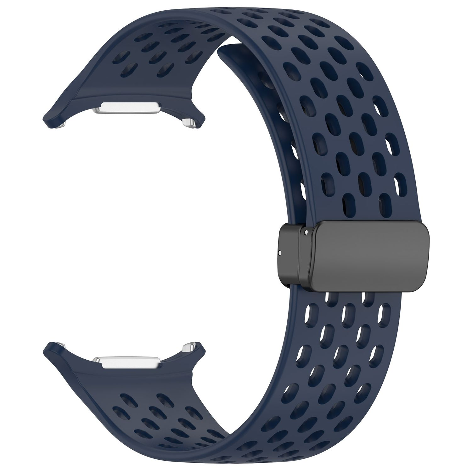 Ein dunkelblaues Uhrenarmband mit schwarzem Verschluss. Das Armband hat gleichmäßig verteilte Löcher zur Belüftung.