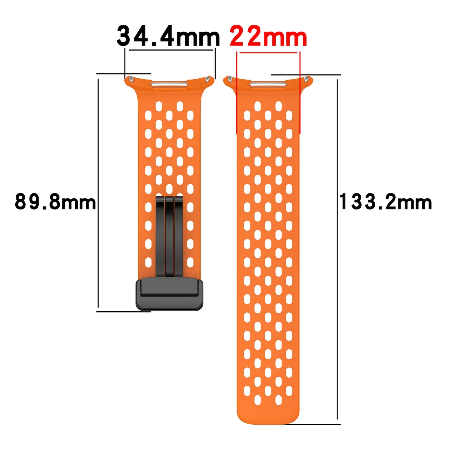 Ein orangefarbenes Uhrenarmband mit Maßangaben. Das Band hat Löcher und einen schwarzen Verschluss.