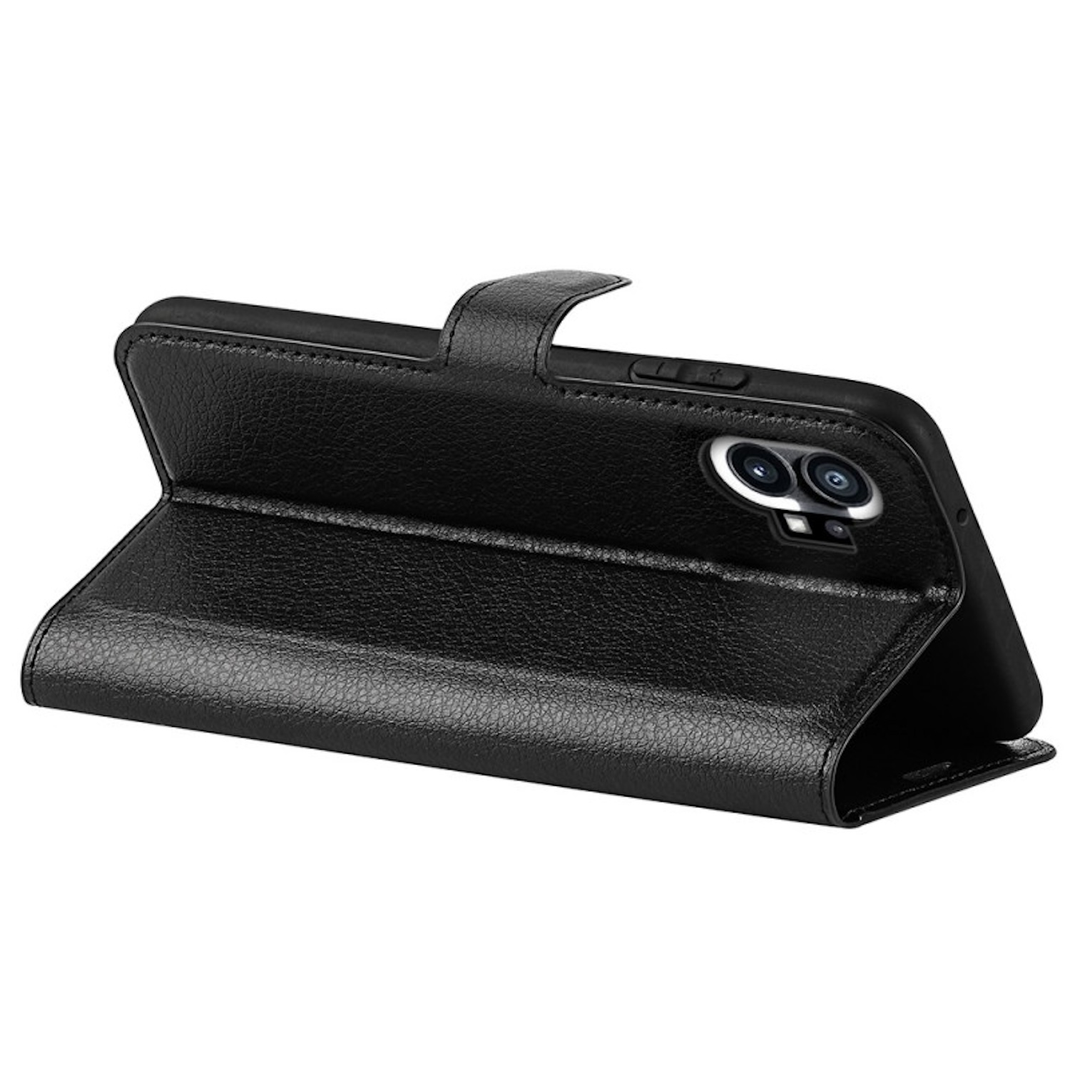 Eine schwarze Leder-Handyhülle, offen, mit einem Telefon mit mehreren Kameras.