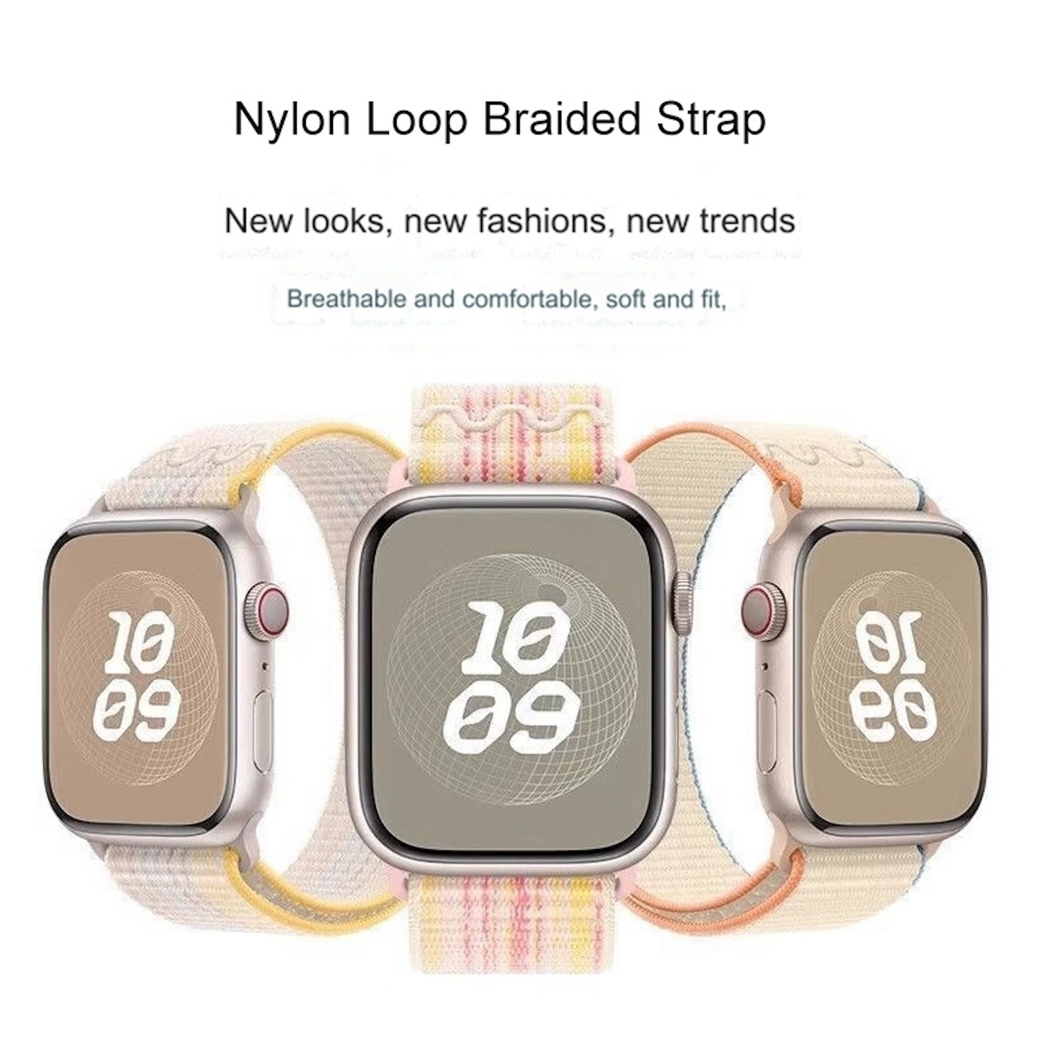 Drei Smartwatches mit Nylon-geflochtenen Armbändern in verschiedenen Farben.