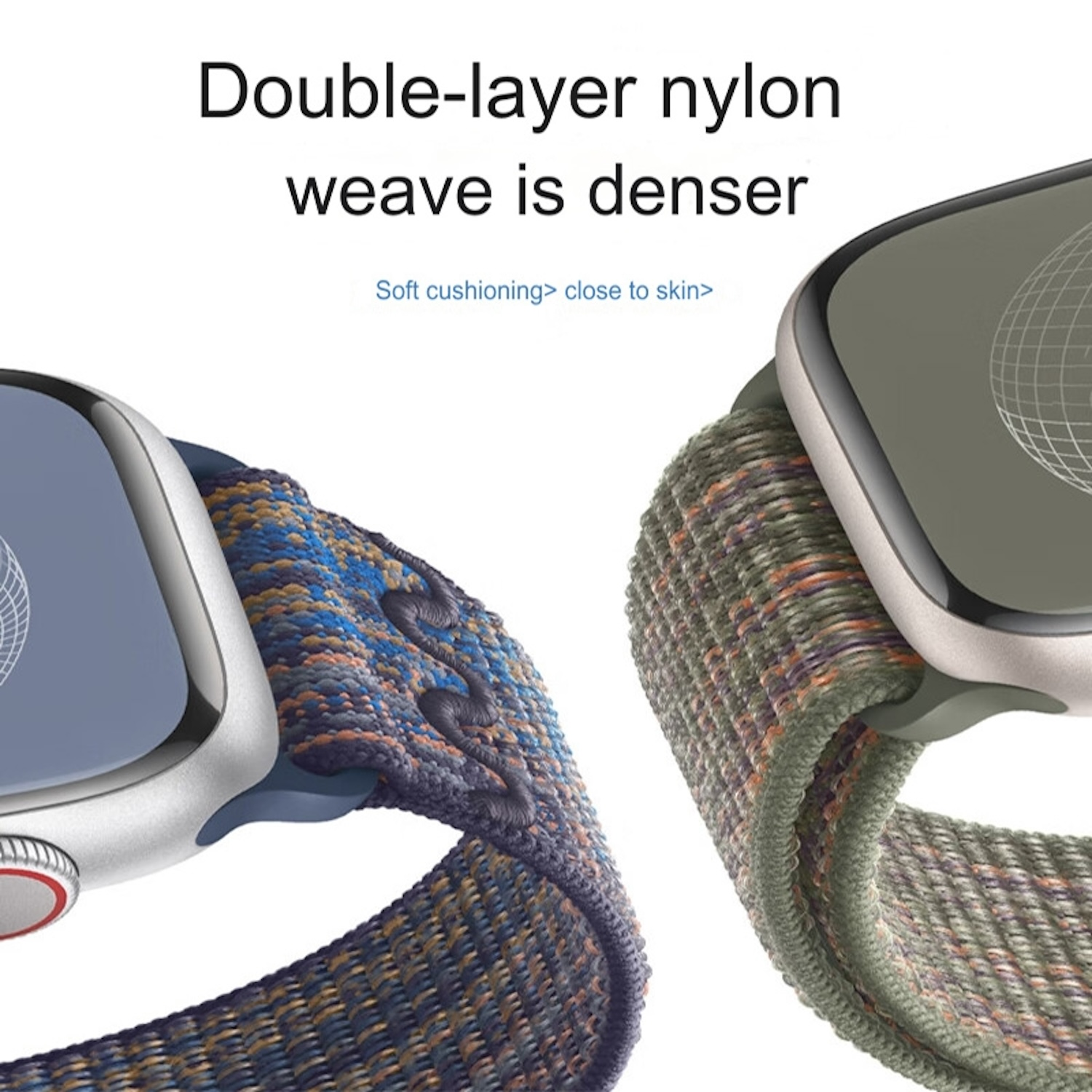 Nahaufnahme von zwei Smartwatches mit Nylonbändern. Eines blau, eines grün mit Orange. Text: Doppel-Nylon-Gewebe.