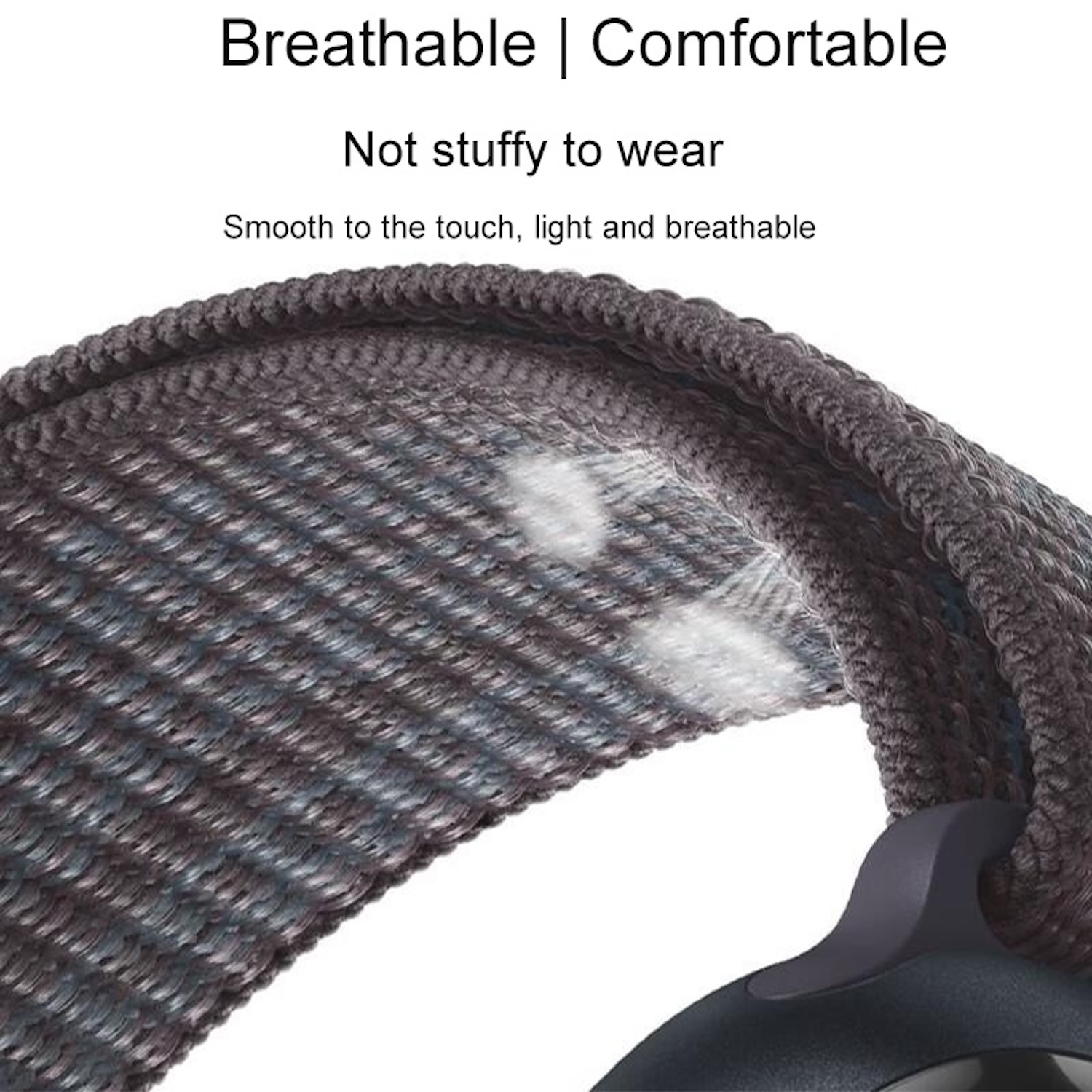 Nahaufnahme eines Armbands, grau-blauer Stoff mit atmungsaktivem Design.