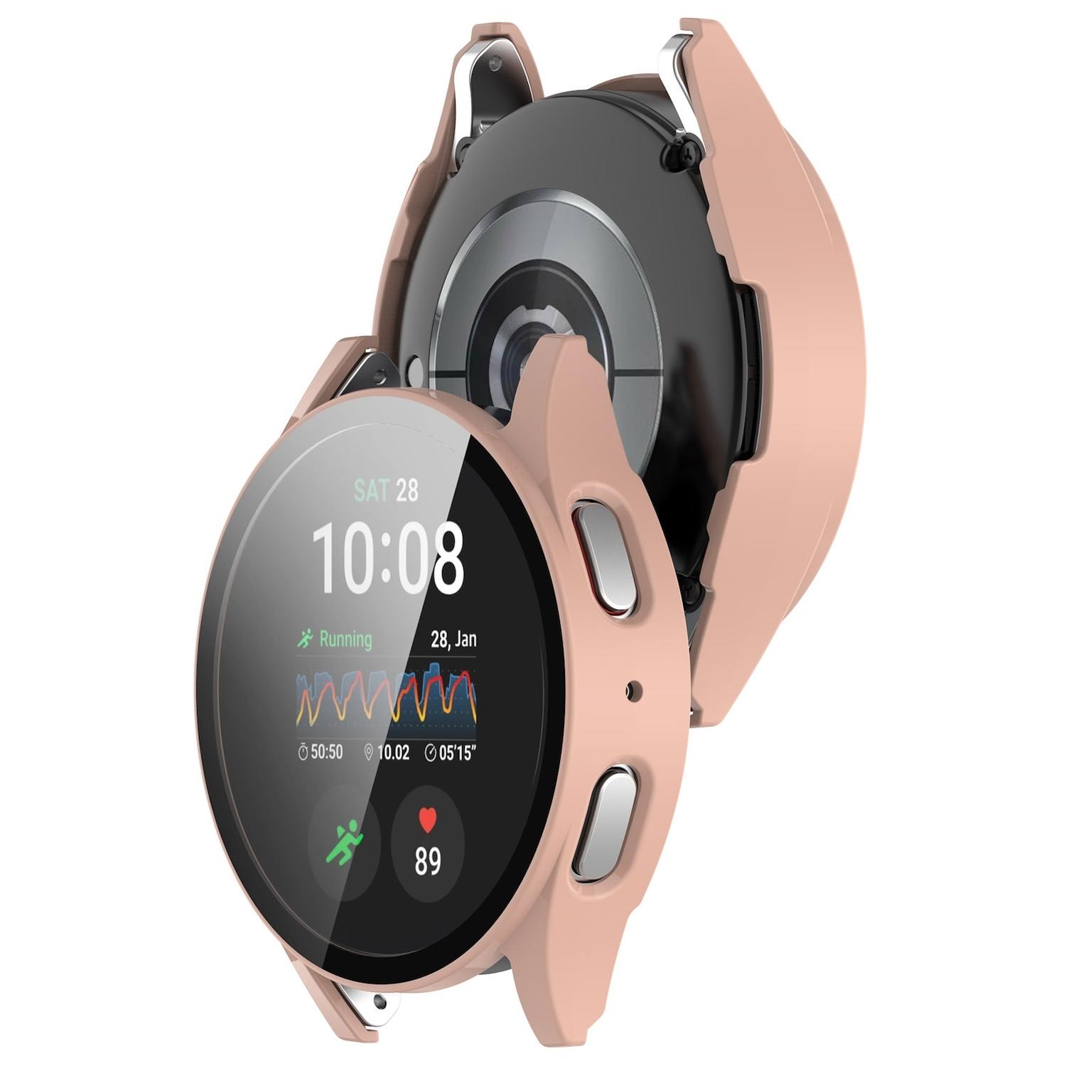 Rosafarbene Smartwatch mit Anzeige von Zeit, Laufdaten und Herzfrequenz.