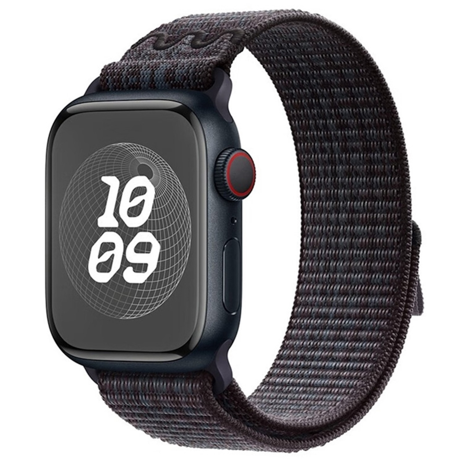 Eine schwarze Smartwatch mit einem schwarz-grauen Armband, die die Uhrzeit 10:09 anzeigt.