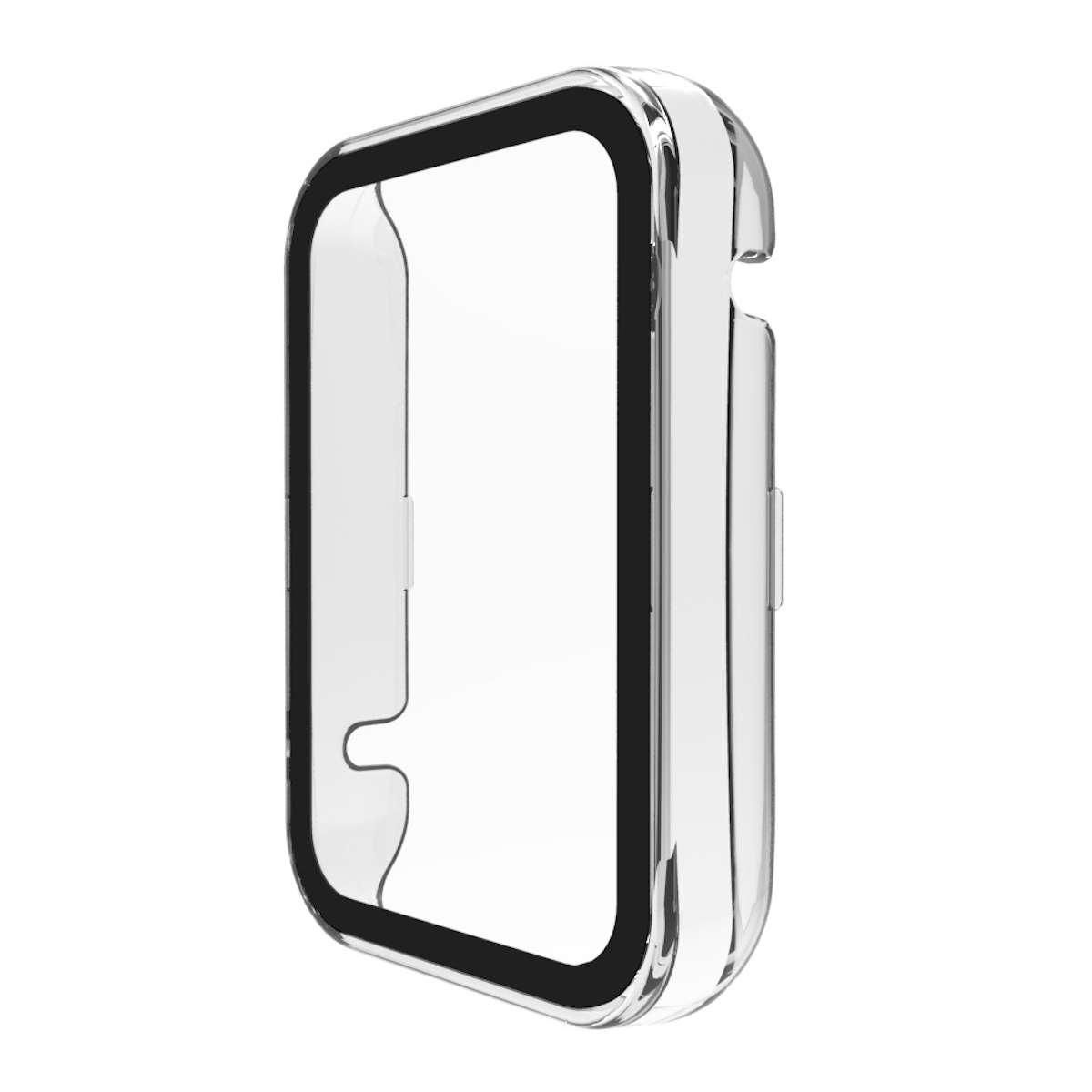 Transparente Uhrenhülle mit schwarzem Rand. Zeigt ein offenes Design.
