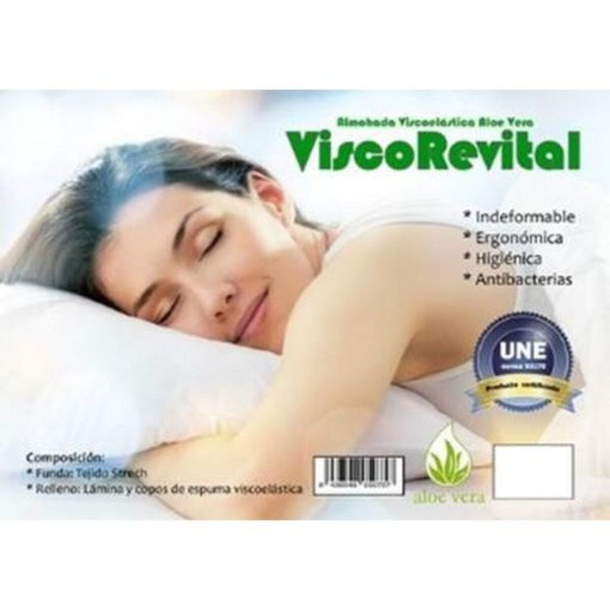Mujer durmiendo en almohada con texto ViscoRevital y detalles del producto en el empaque.