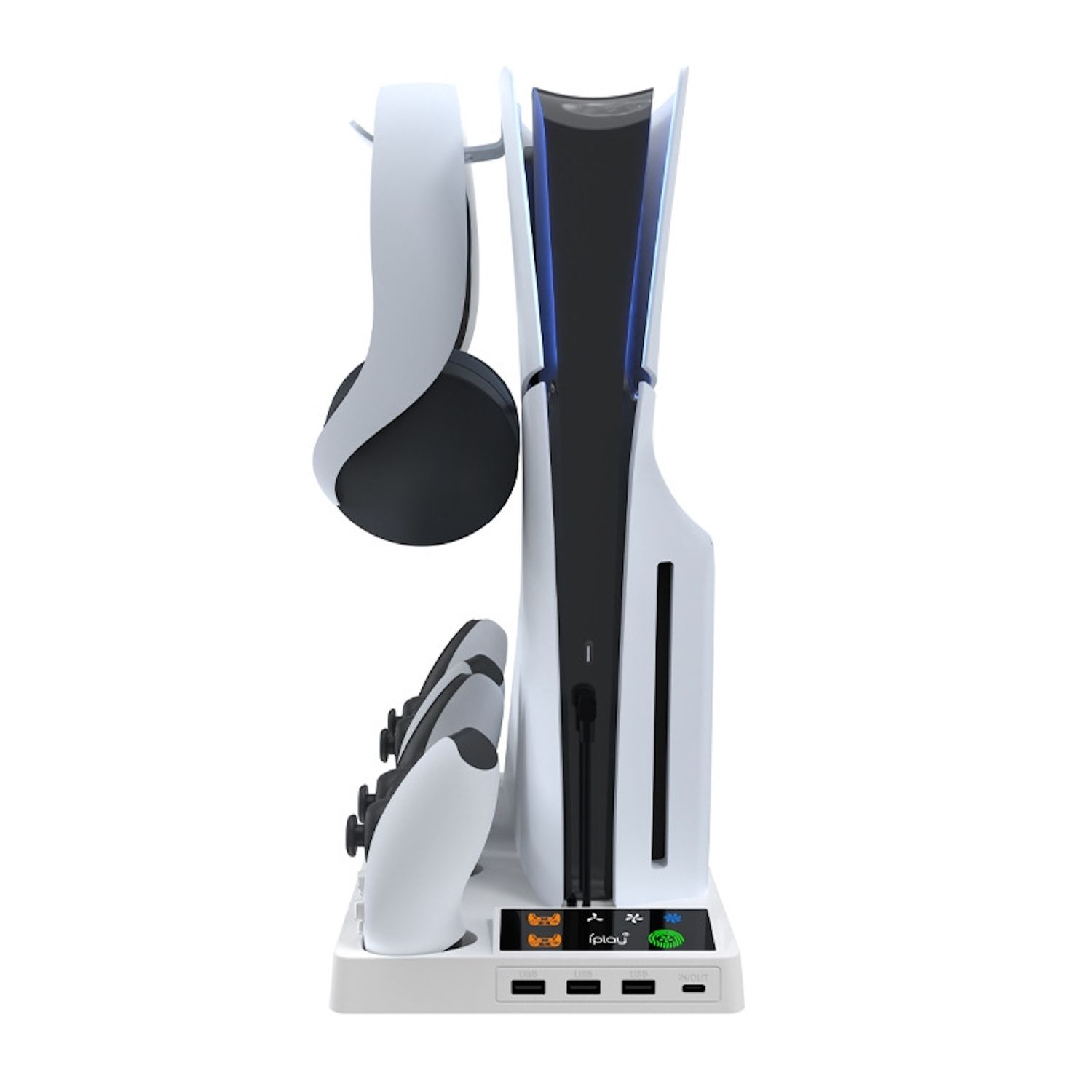 Weißer PS5-Ständer mit Ladeanschlüssen für Controller und Kopfhörer.