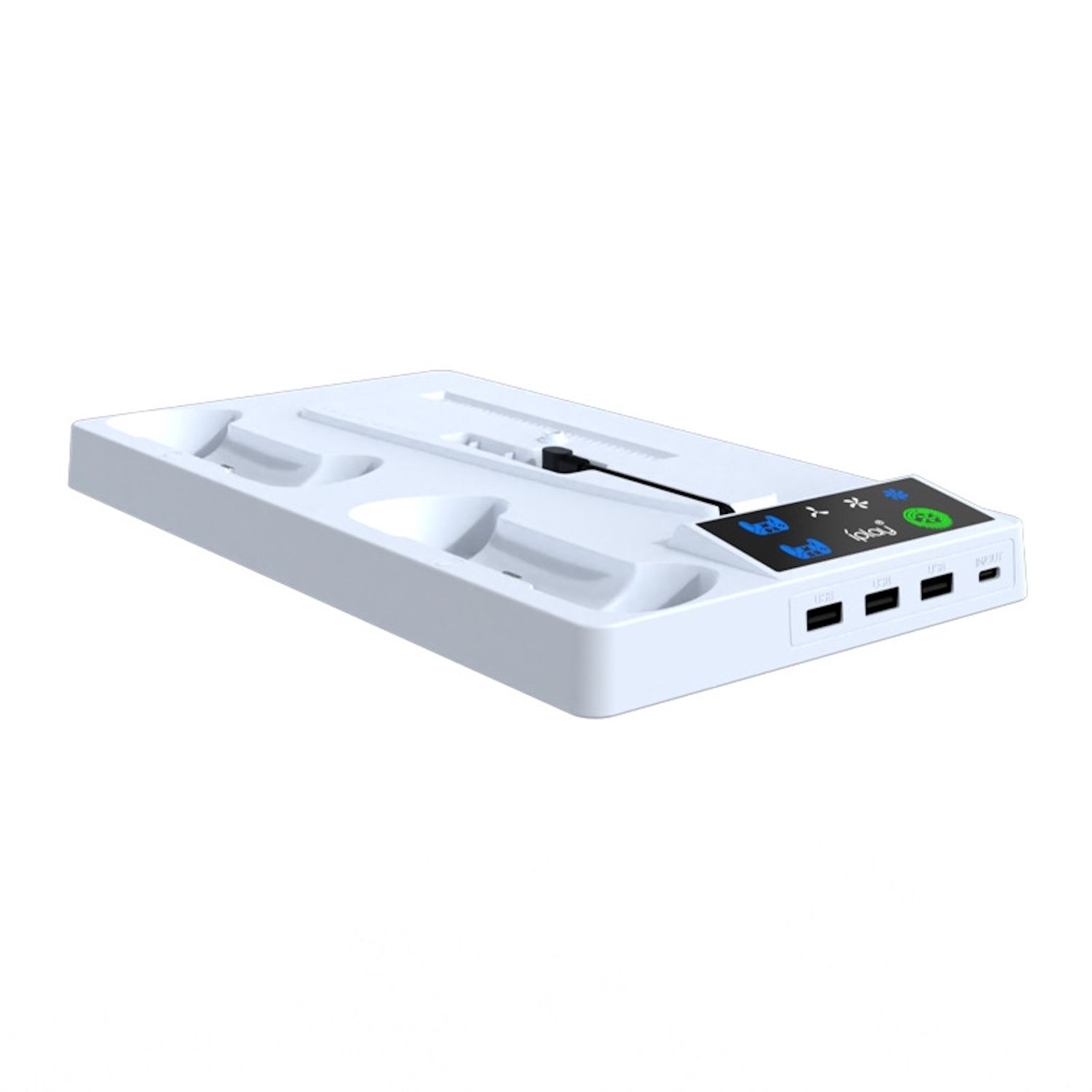 Eine weiße Ladestation für Gamecontroller mit Display, das den Ladestatus und USB-Anschlüsse anzeigt.