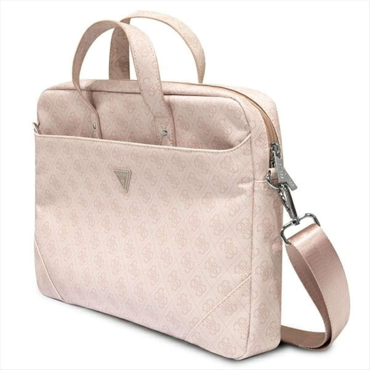 Borsa Guess rosa con manici e tracolla. La borsa presenta un motivo con logo.