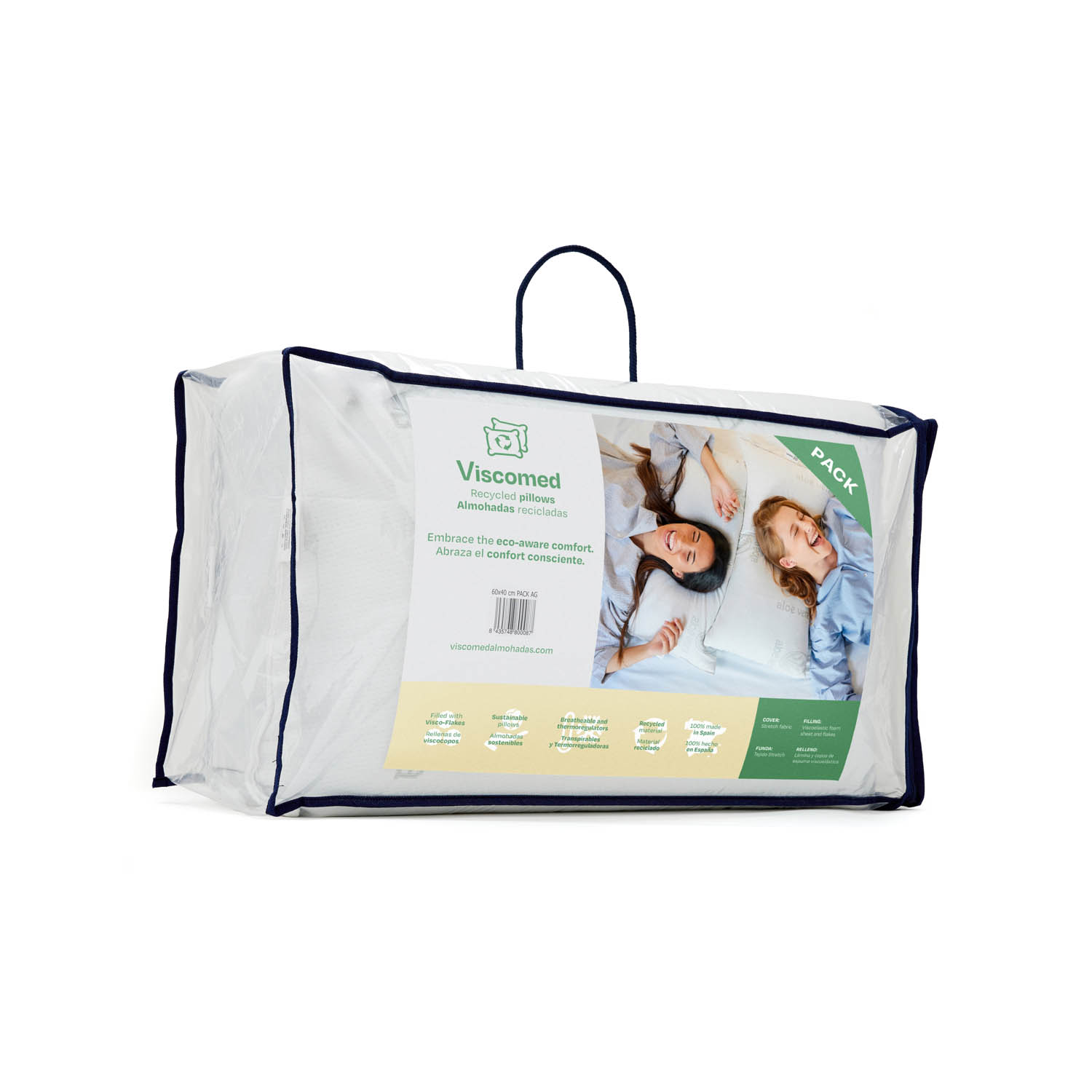 Paquete de almohadas en bolsa transparente. La bolsa tiene asa y texto, con imágenes de personas.
