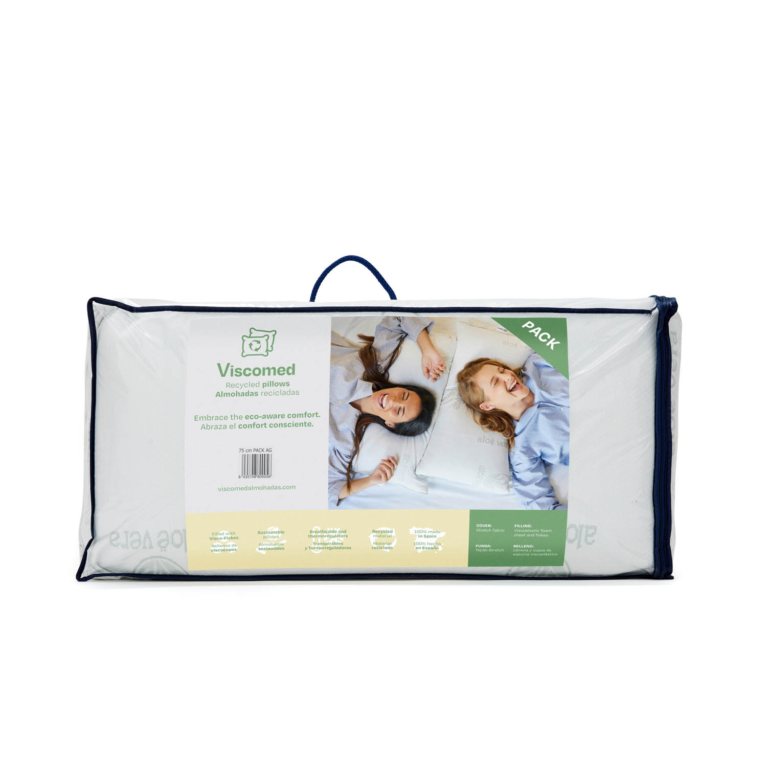 Almohada en una bolsa de plástico transparente con texto e imágenes de dos mujeres, fondo blanco.