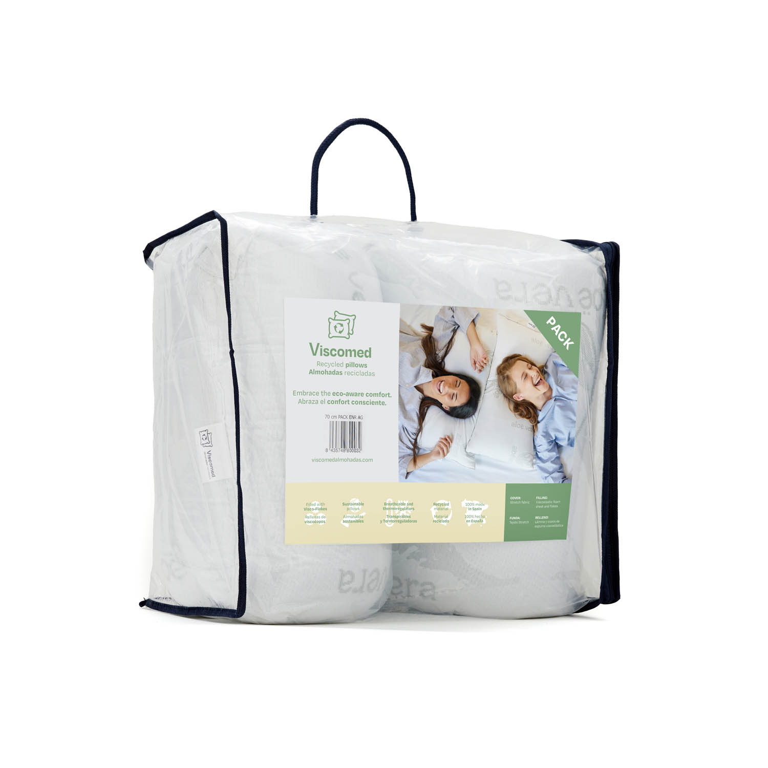 Almohadas en bolsa de plástico transparente. El empaque muestra a dos mujeres. El texto dice 'Viscomed' y 'Embrace eco-aware comfort'.