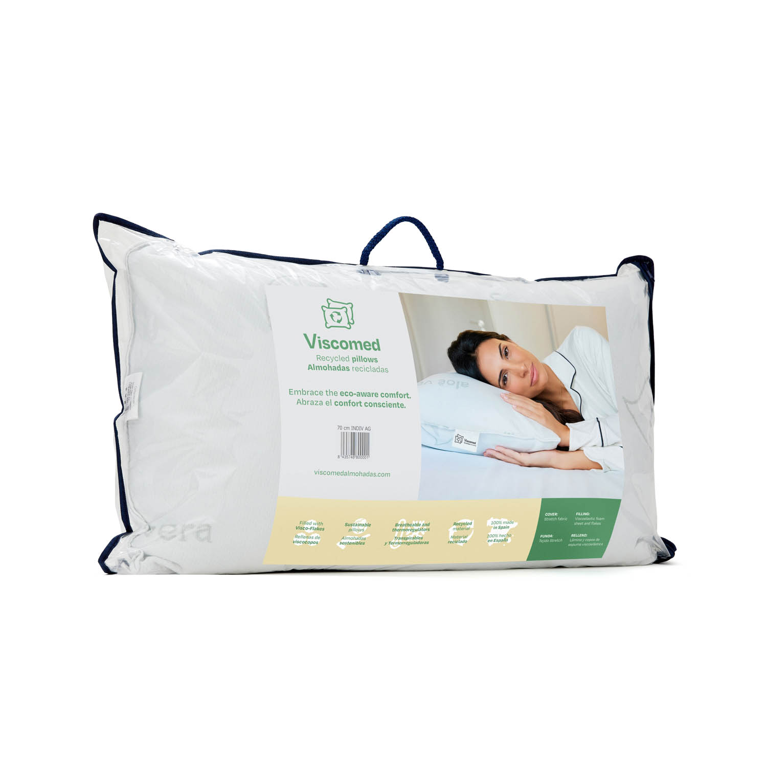 Una almohada en una bolsa de plástico, con la cara de una mujer en la almohada. Embalaje con texto.