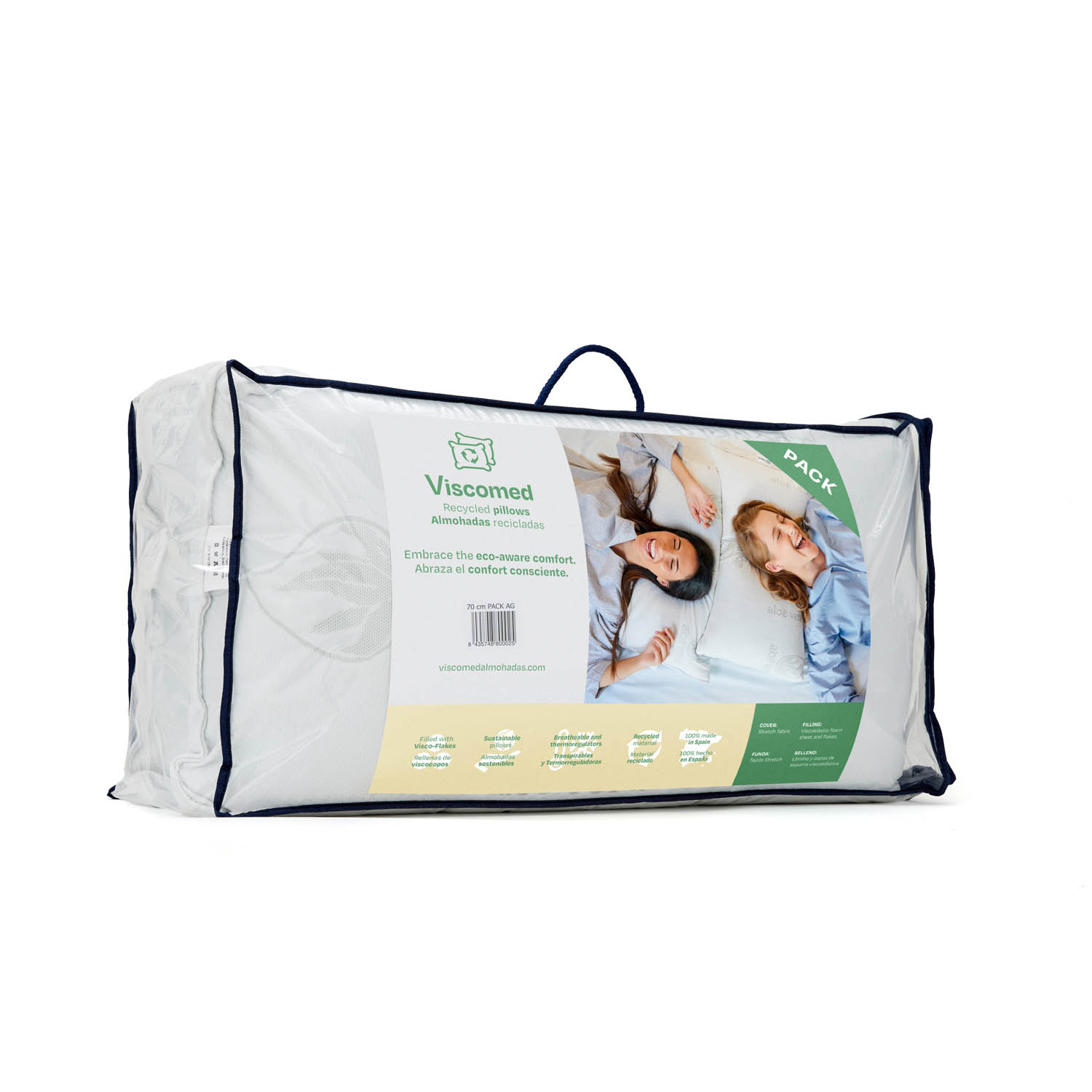 Almohadas empaquetadas. El paquete es de plástico transparente y tiene imágenes de personas.
