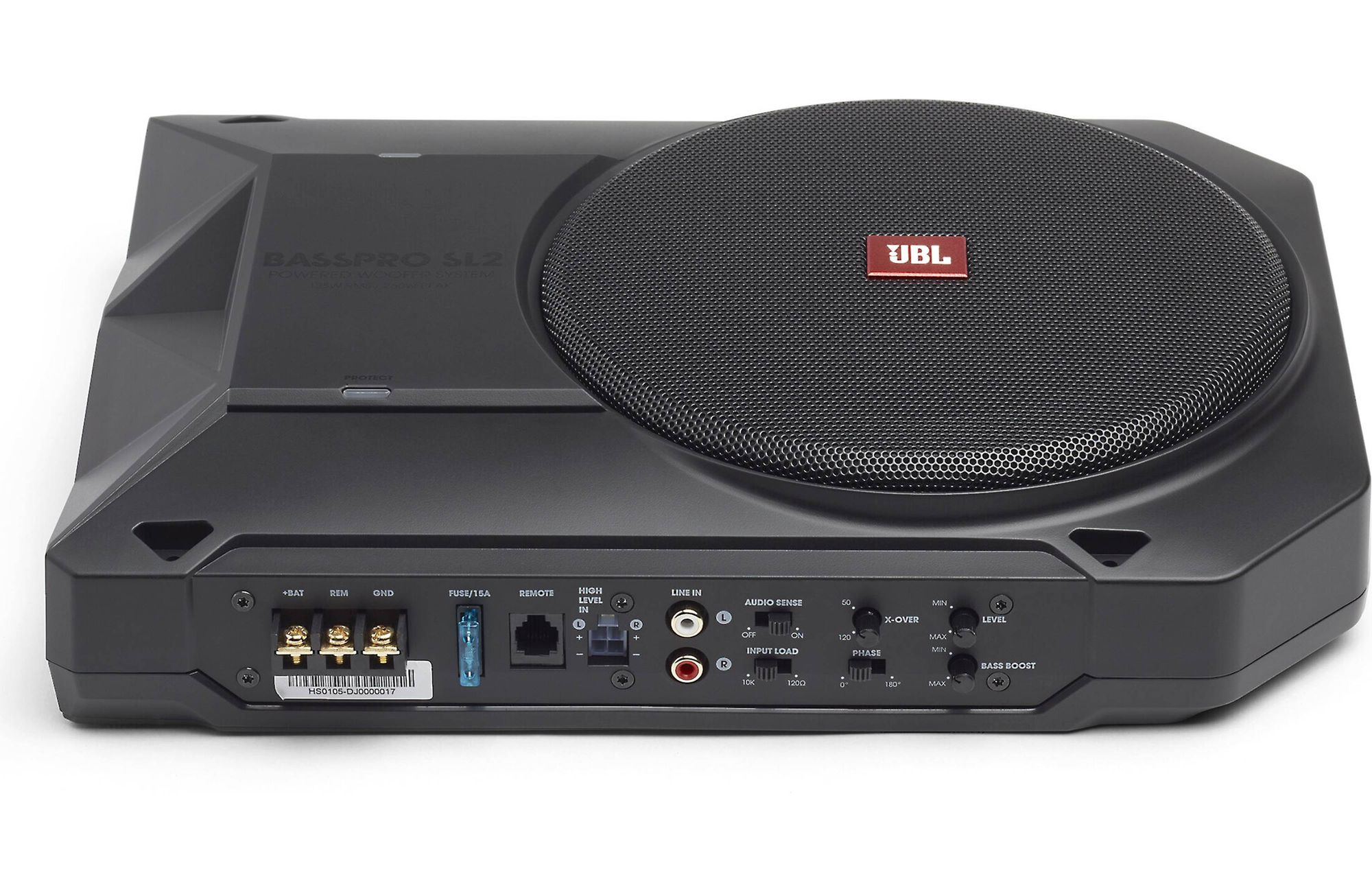 Ein schwarzer Subwoofer mit Bedienelementen und Eingängen auf der Rückseite und einem Lautsprechergitter.