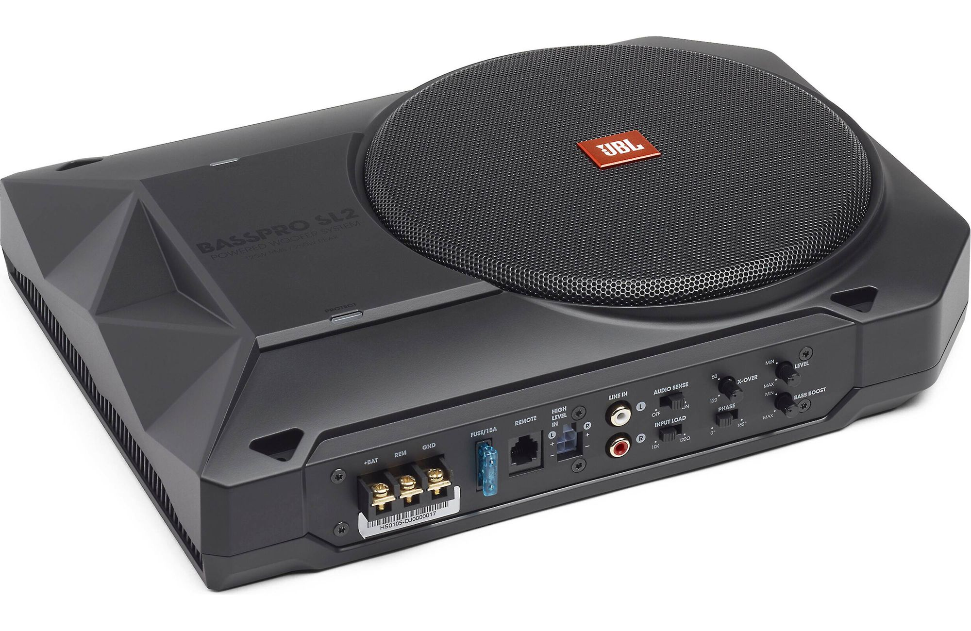Schwarzer JBL BassPro SL2 Subwoofer. Er hat ein rundes Lautsprechergitter und mehrere Eingangs- und Ausgangsanschlüsse.
