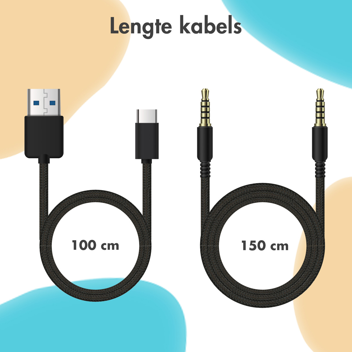 Twee zwarte kabels met connectoren: USB en USB-C, en een 3,5 mm jack. Lengtes: 100 cm en 150 cm. Tekst: Kabellengtes.