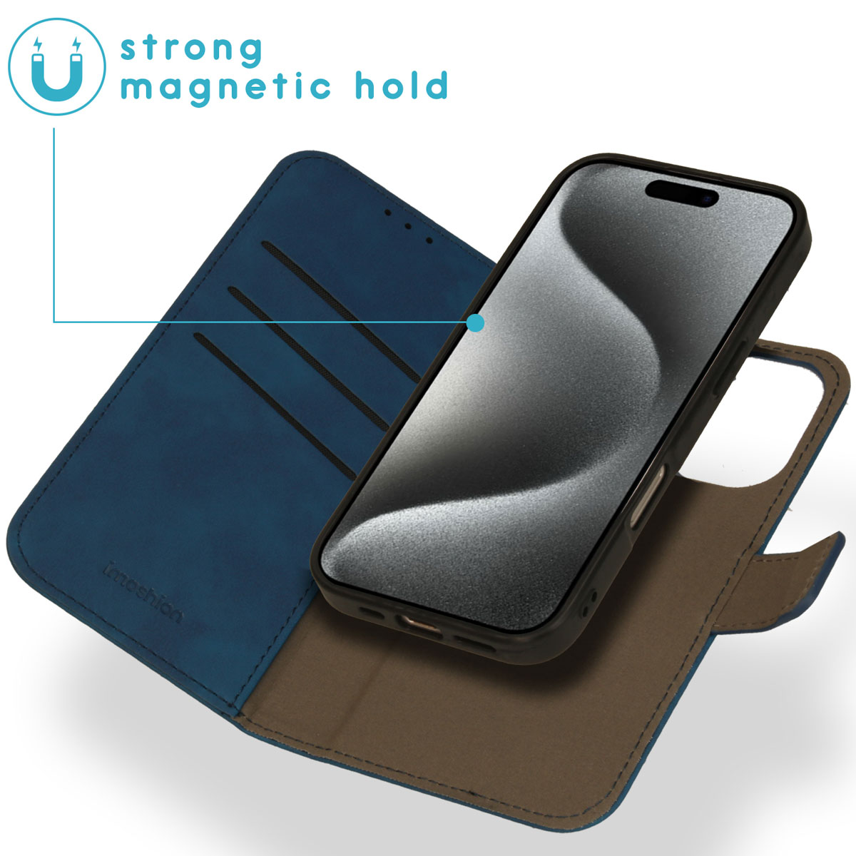 Étui de téléphone bleu ouvert, avec un téléphone à l'intérieur. On montre une forte tenue magnétique.