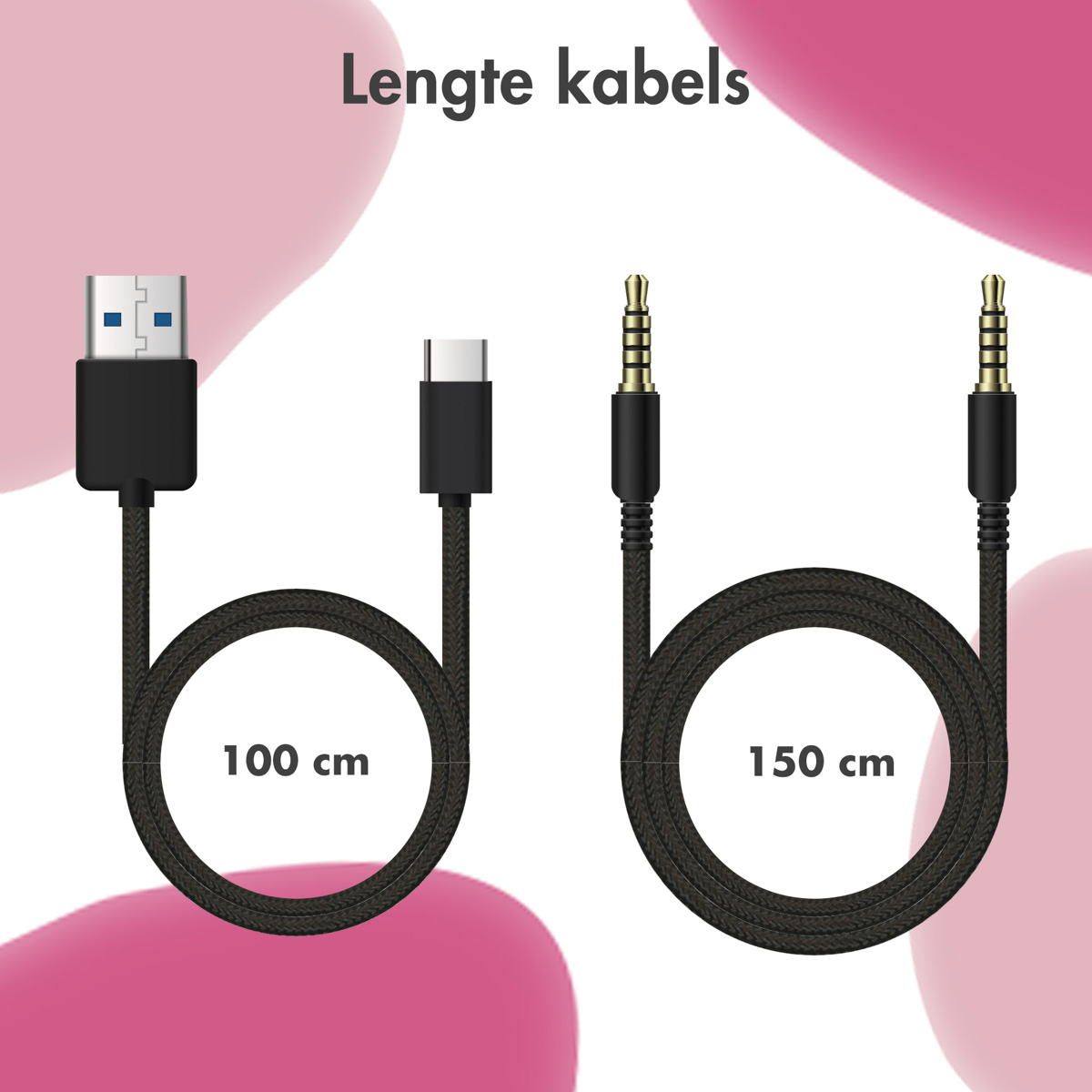 Due cavi neri con connettori diversi. Un USB-A, un USB-C e un jack da 3,5 mm.