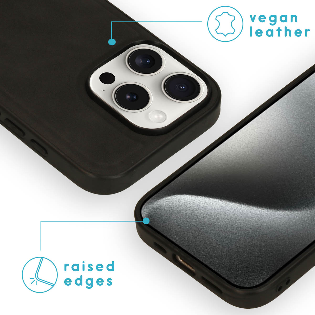 Gros plan sur un étui de téléphone noir montrant du cuir végétal et des bords surélevés, et un écran de téléphone.