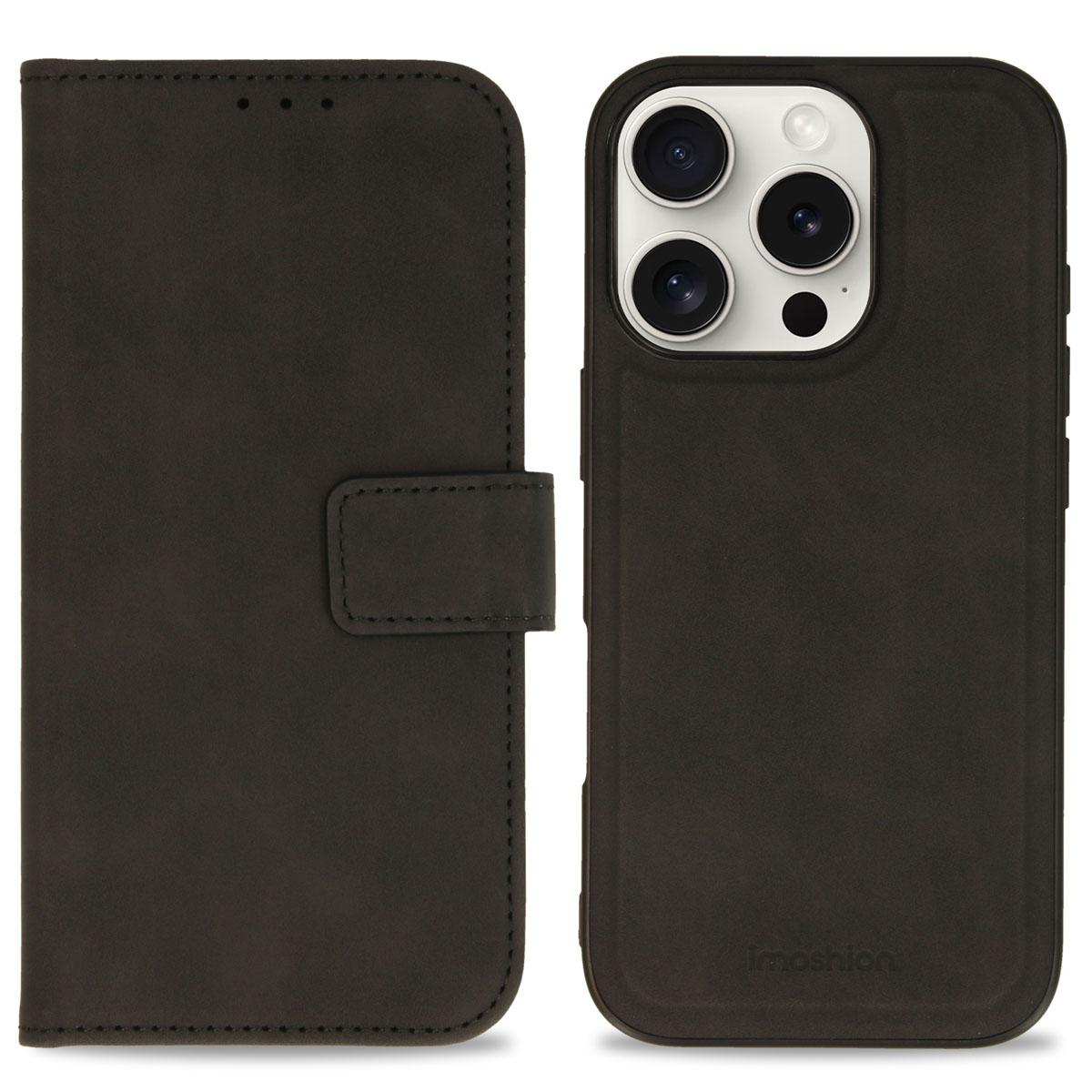 Coque de téléphone noire avec rabat, montrant l'arrière du téléphone avec caméras.