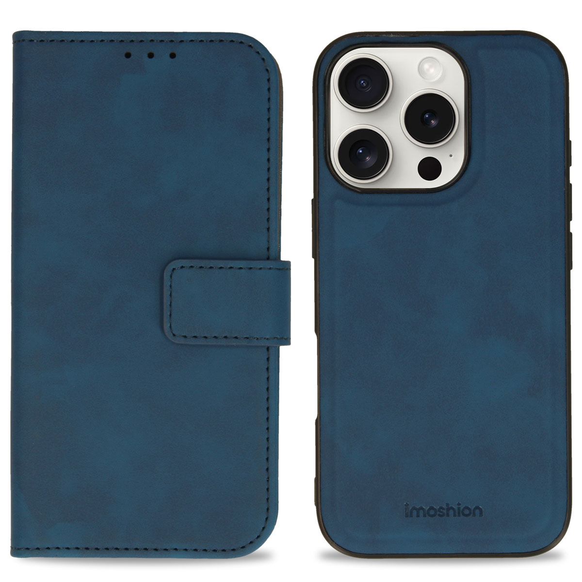 Coque de téléphone bleue avec rabat portefeuille. Sur surface blanche avec téléphone dedans.