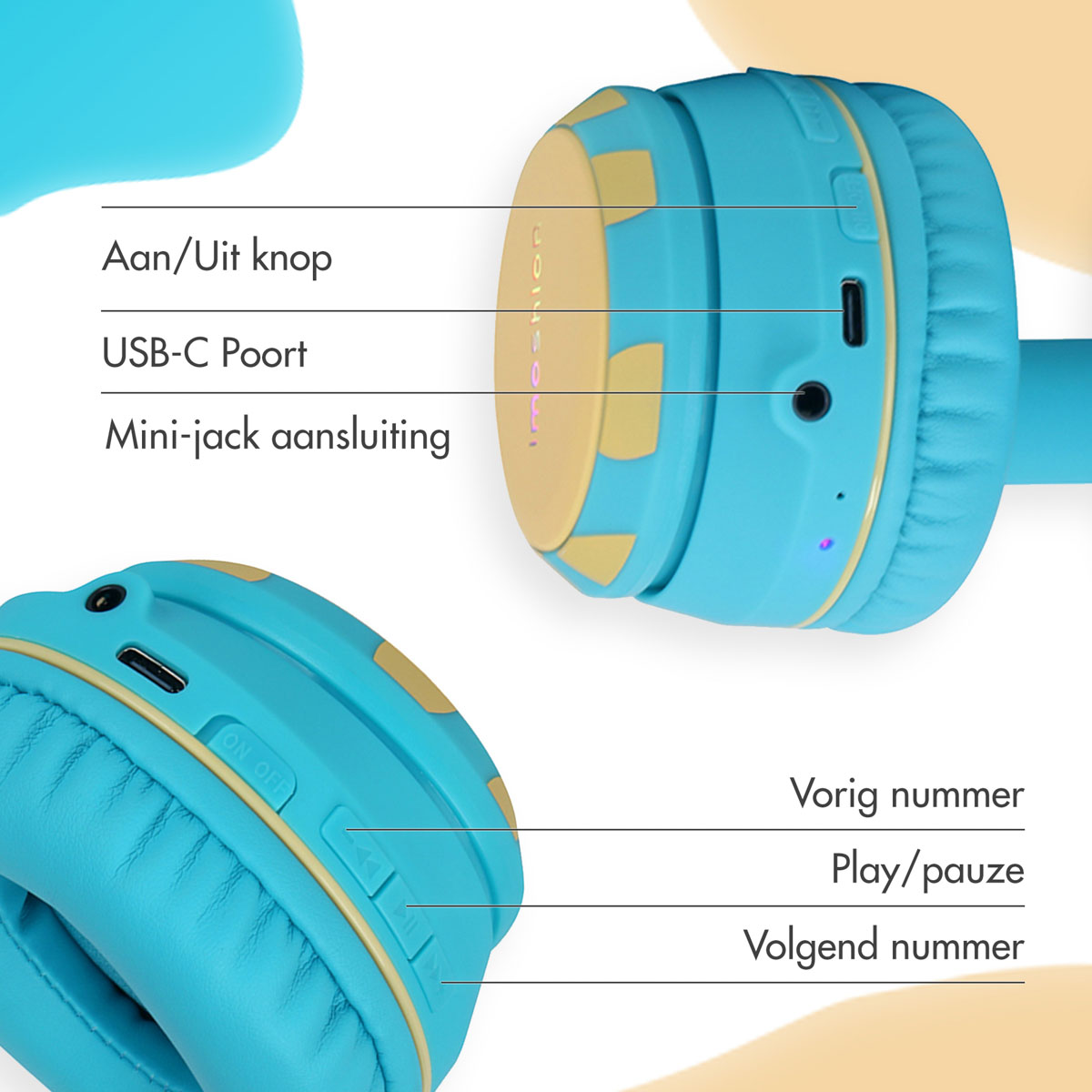 Blauwe en gele koptelefoon. Gelabeld: Aan/Uit, USB-C, Mini-jack, Vorige, Afspelen/Pauze, Volgende.