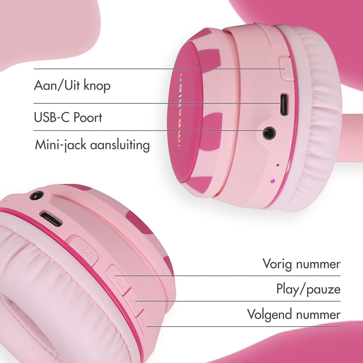 Cuffie rosa con pulsanti di controllo ed etichette. Porta USB-C e connessione mini-jack.