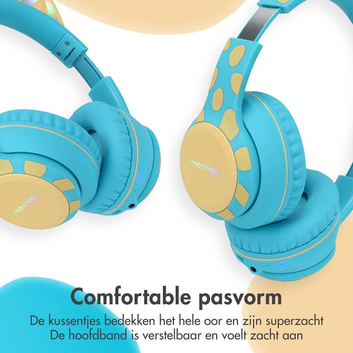 Twee blauwe en gele koptelefoons. De tekst eronder zegt: Comfortabele pasvorm.